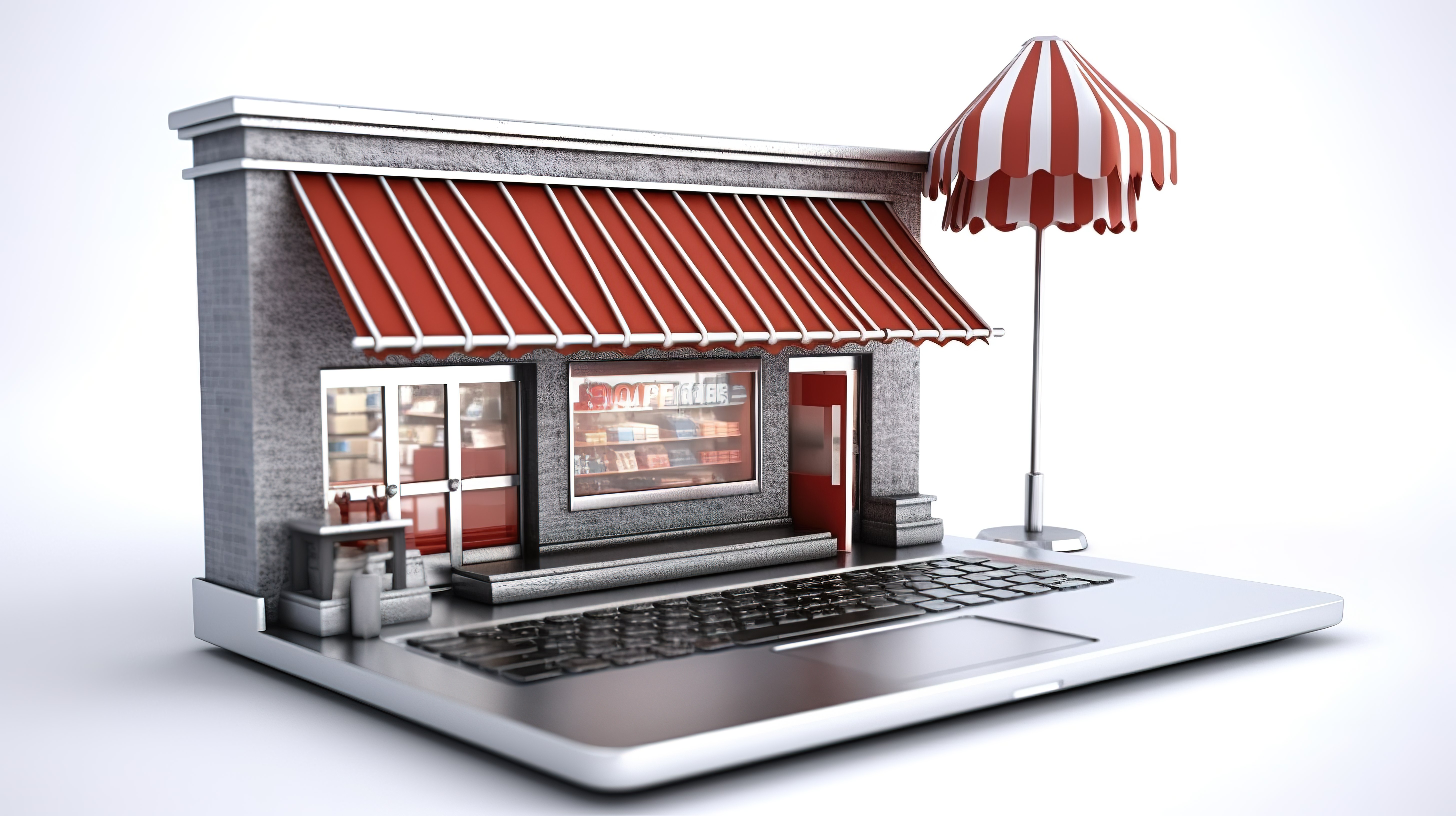 电子商务理念笔记本电脑，带有购物车图标和商店外观作为 3D 白色背景屏幕图片