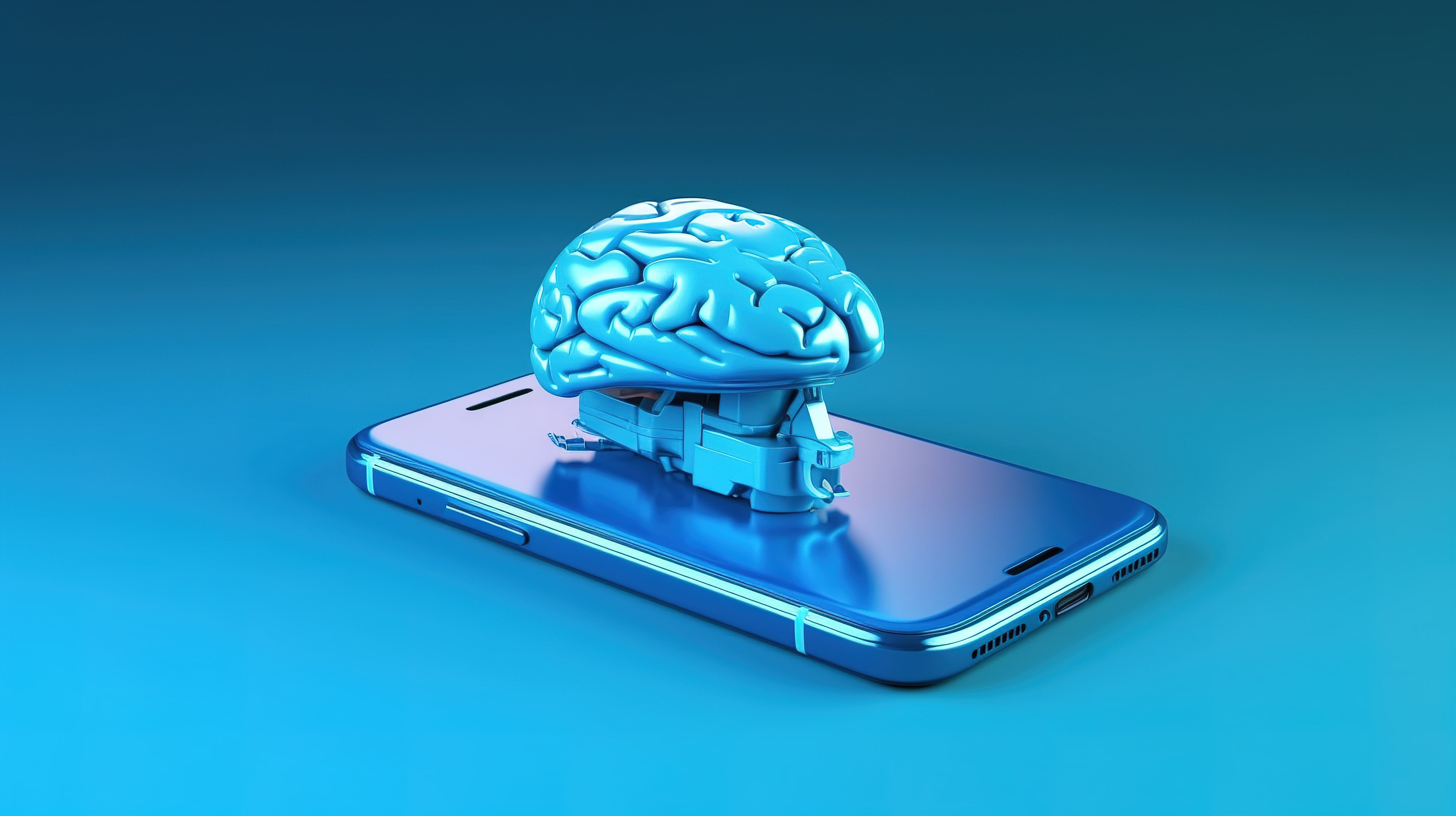 蓝色背景下大脑和手机的概念 3D 渲染图片
