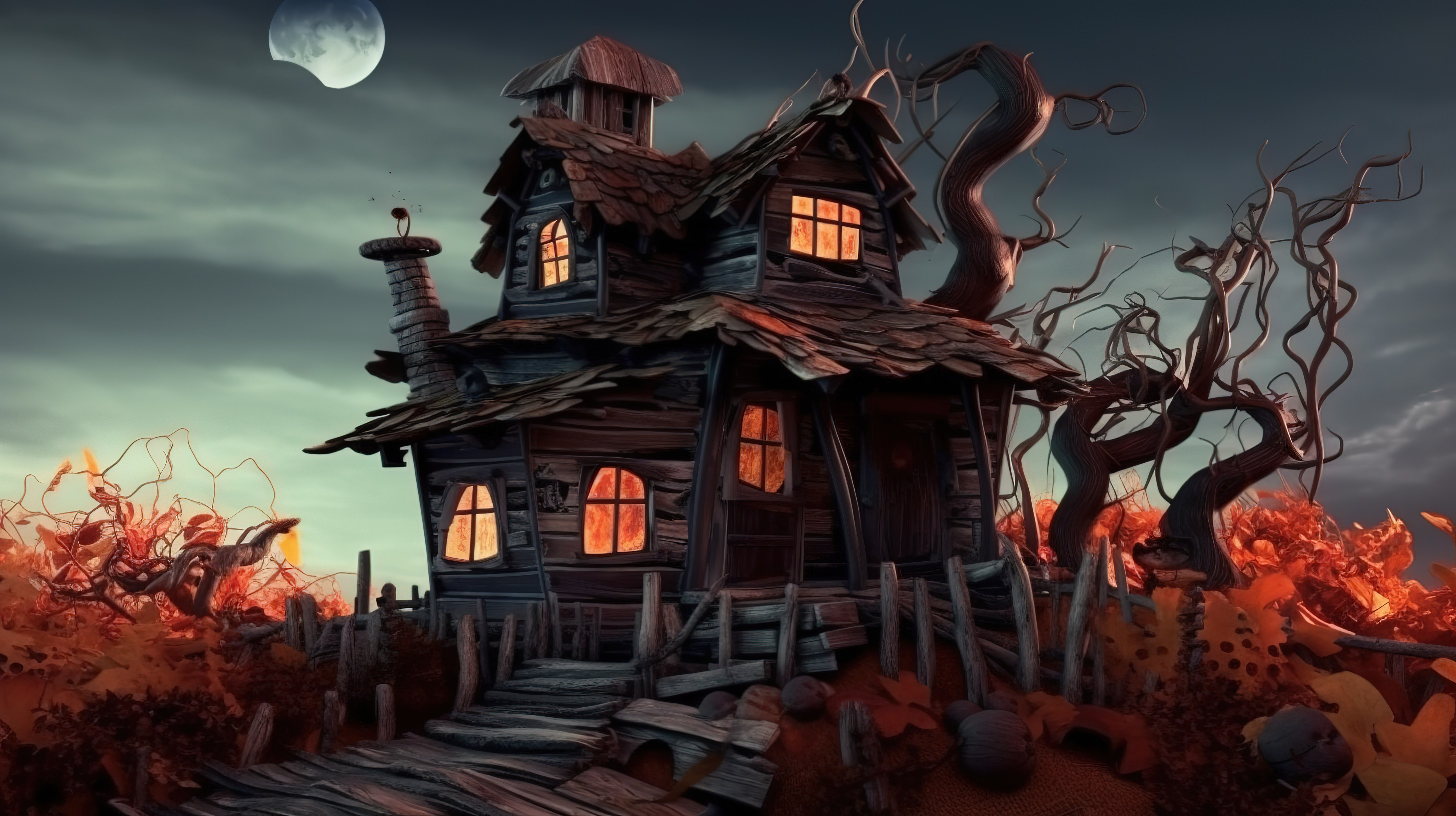 万圣节古代女巫住所的怪异 3D 插图图片
