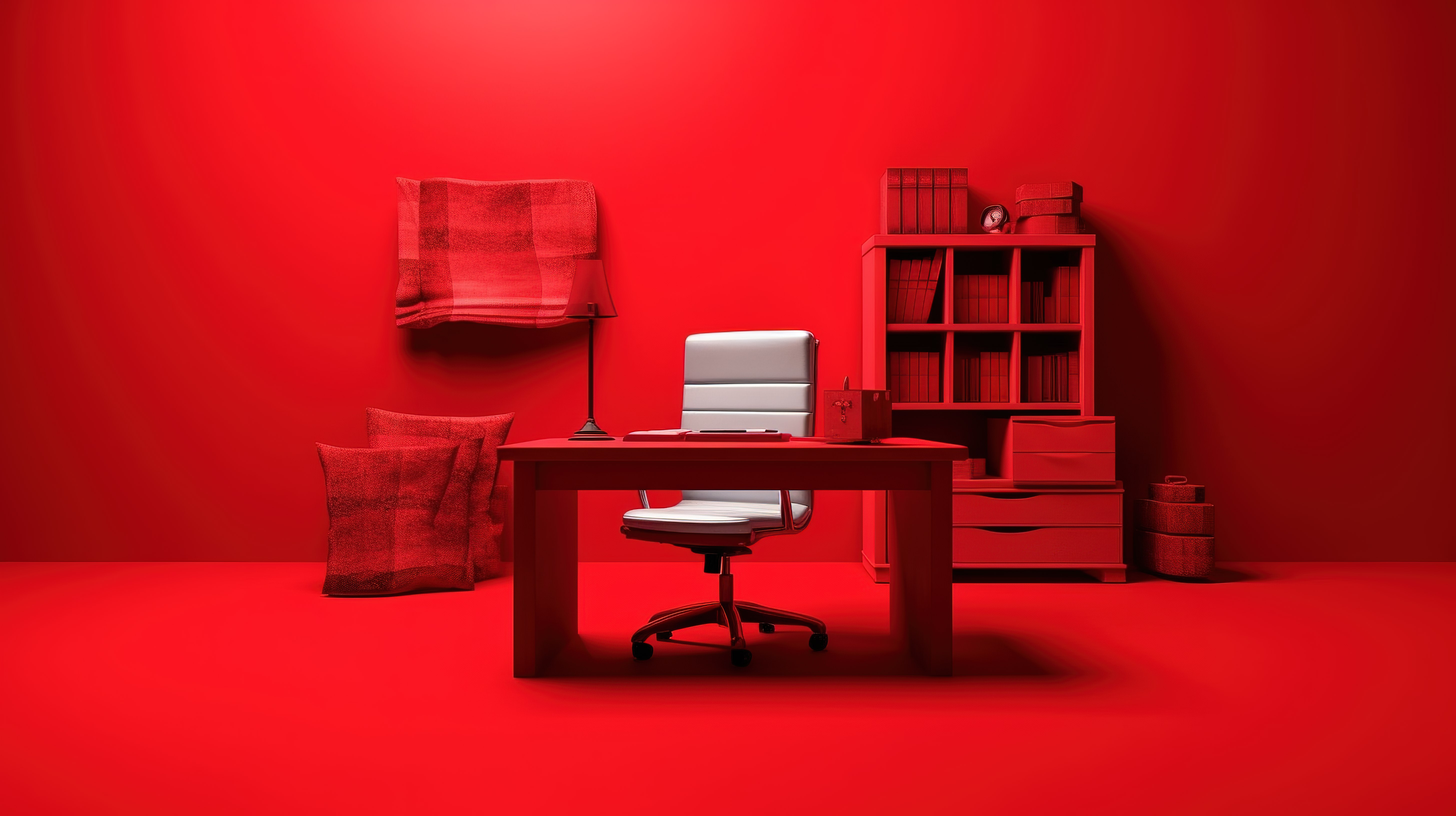 红色主题工作区单色 3D 图标，配有桌椅和带有醒目的红色背景的办公室图片