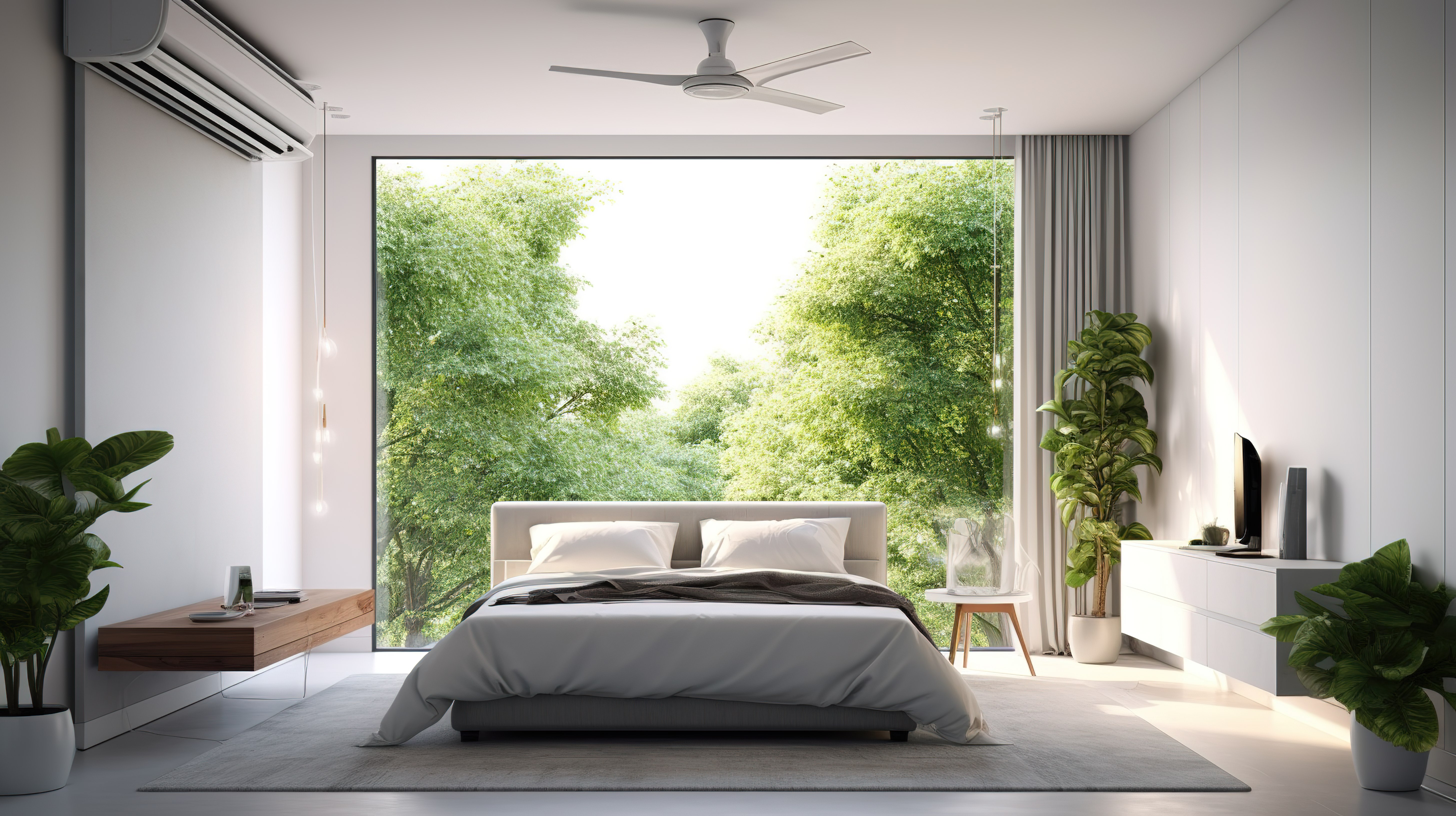 带空调的时尚现代卧室 3D 渲染室内设计图片