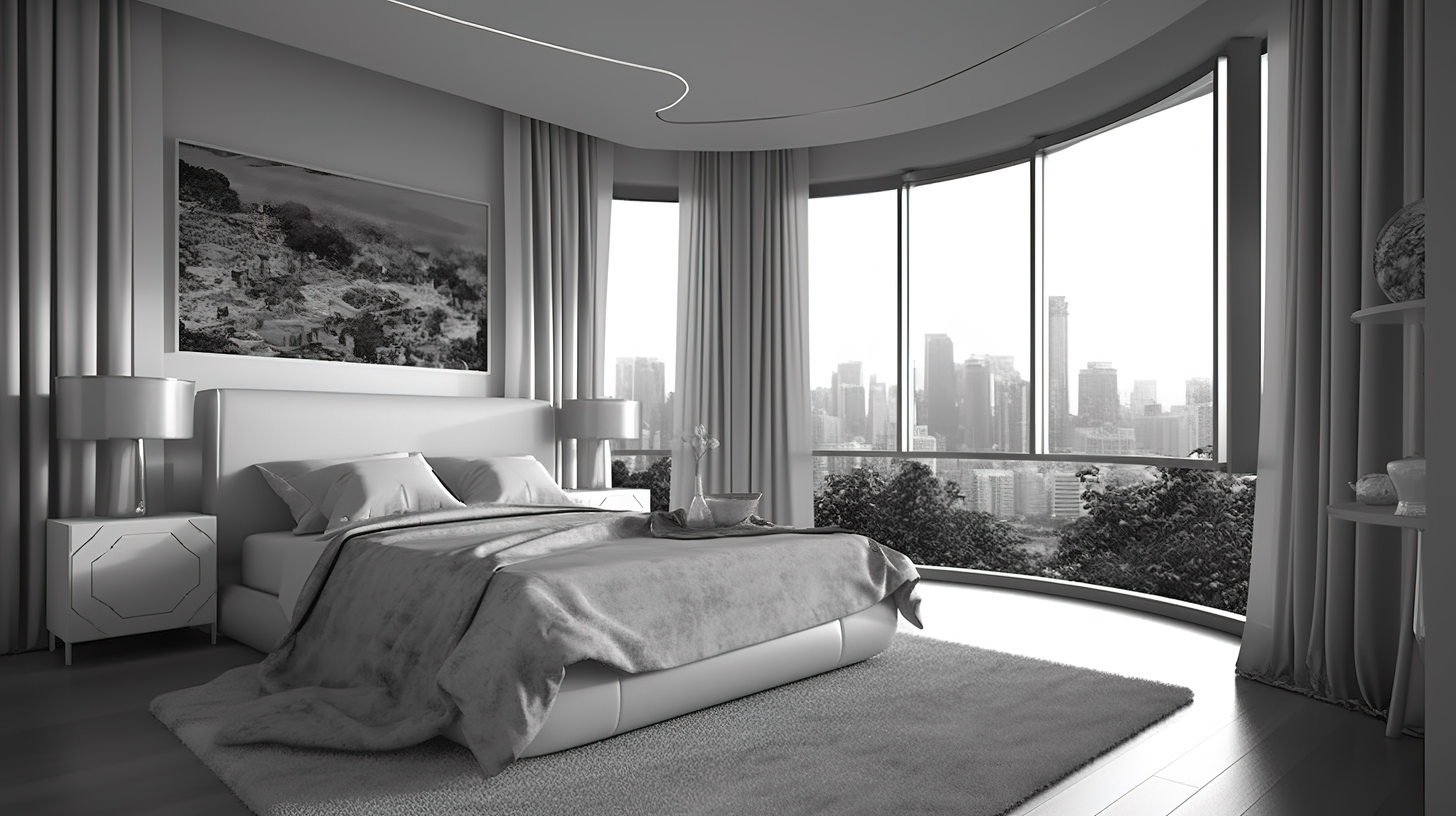 现代黑白 3D 渲染卧室，配有落地窗，俯瞰城市图片