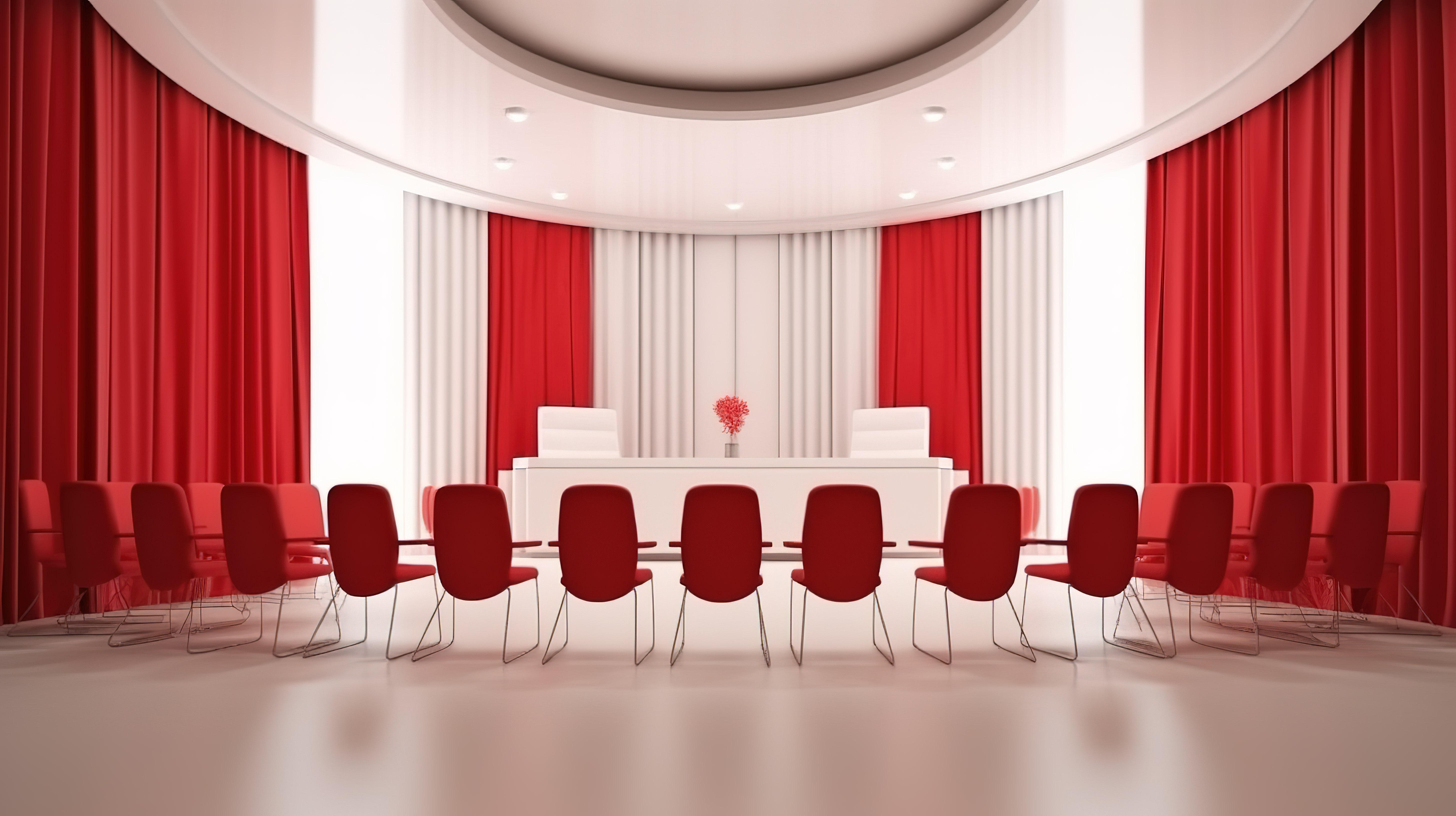 现代会议场地，配有引人注目的红色窗帘高架舞台和别致的白色红色座椅 3D 可视化图片