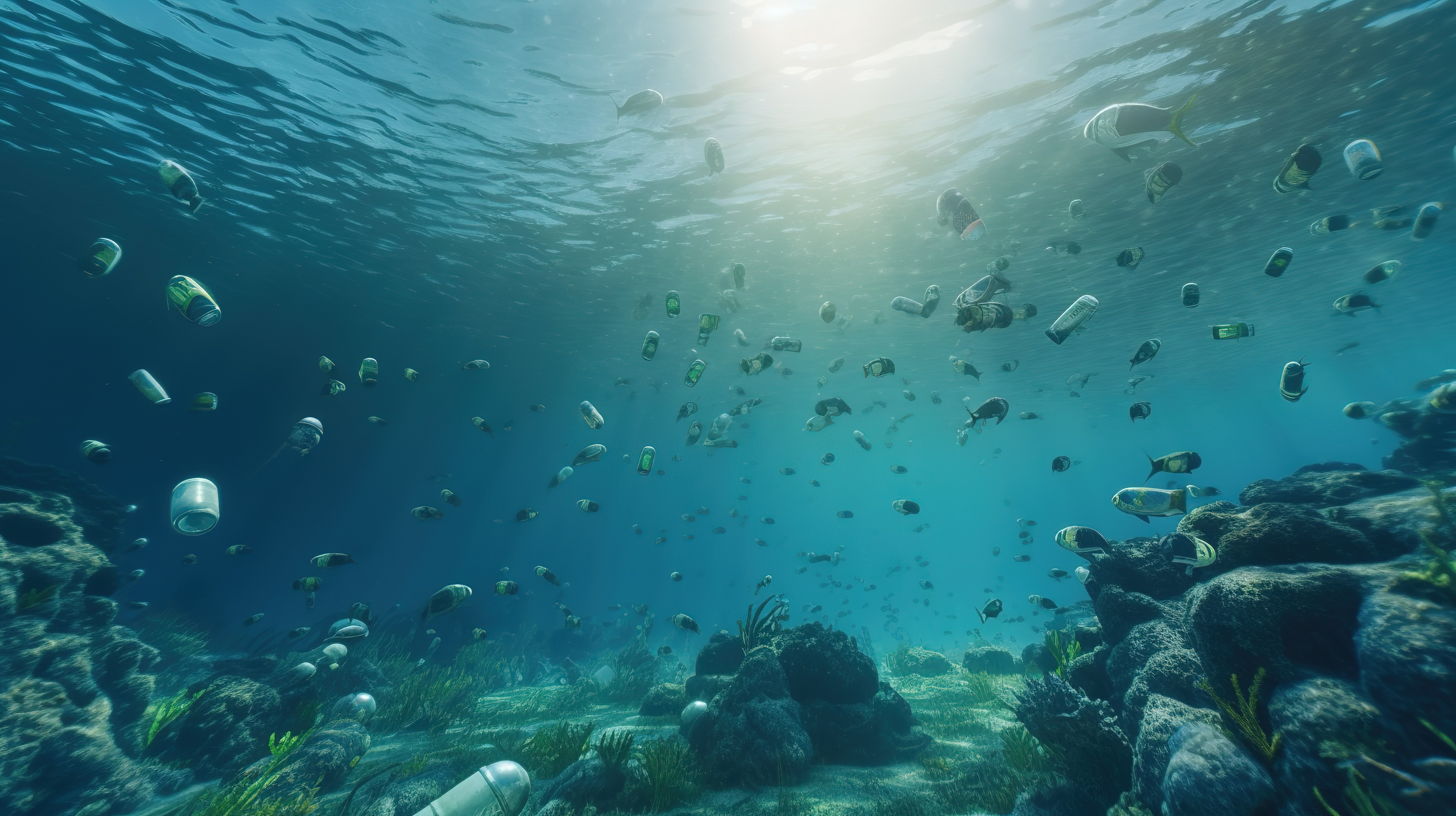 漂浮在海中的水下塑料污染瓶对生态回收和环境保护的视觉评论3D 渲染图片