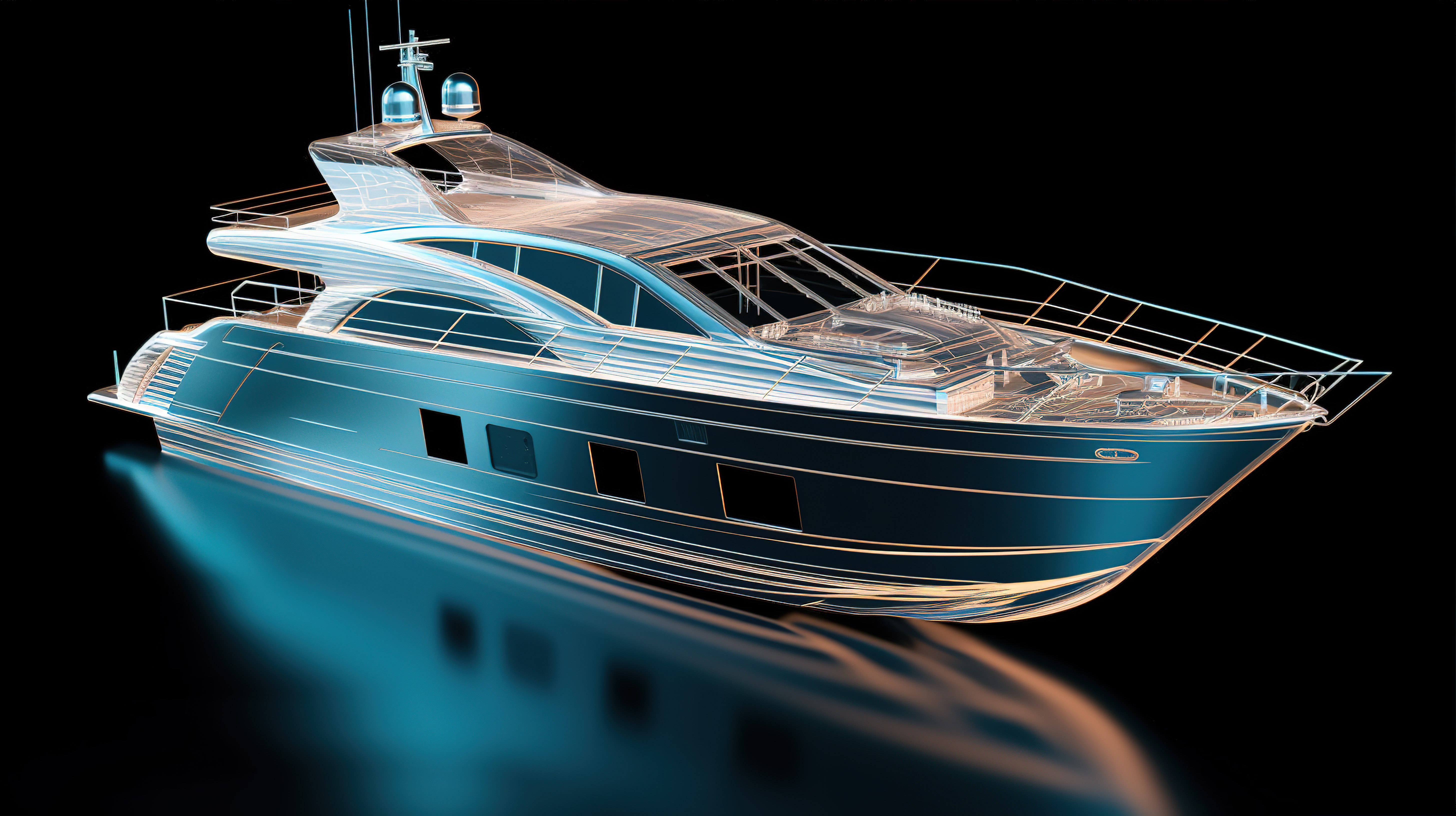 高端机动游艇外部设计和线框模型的 3D 渲染图片