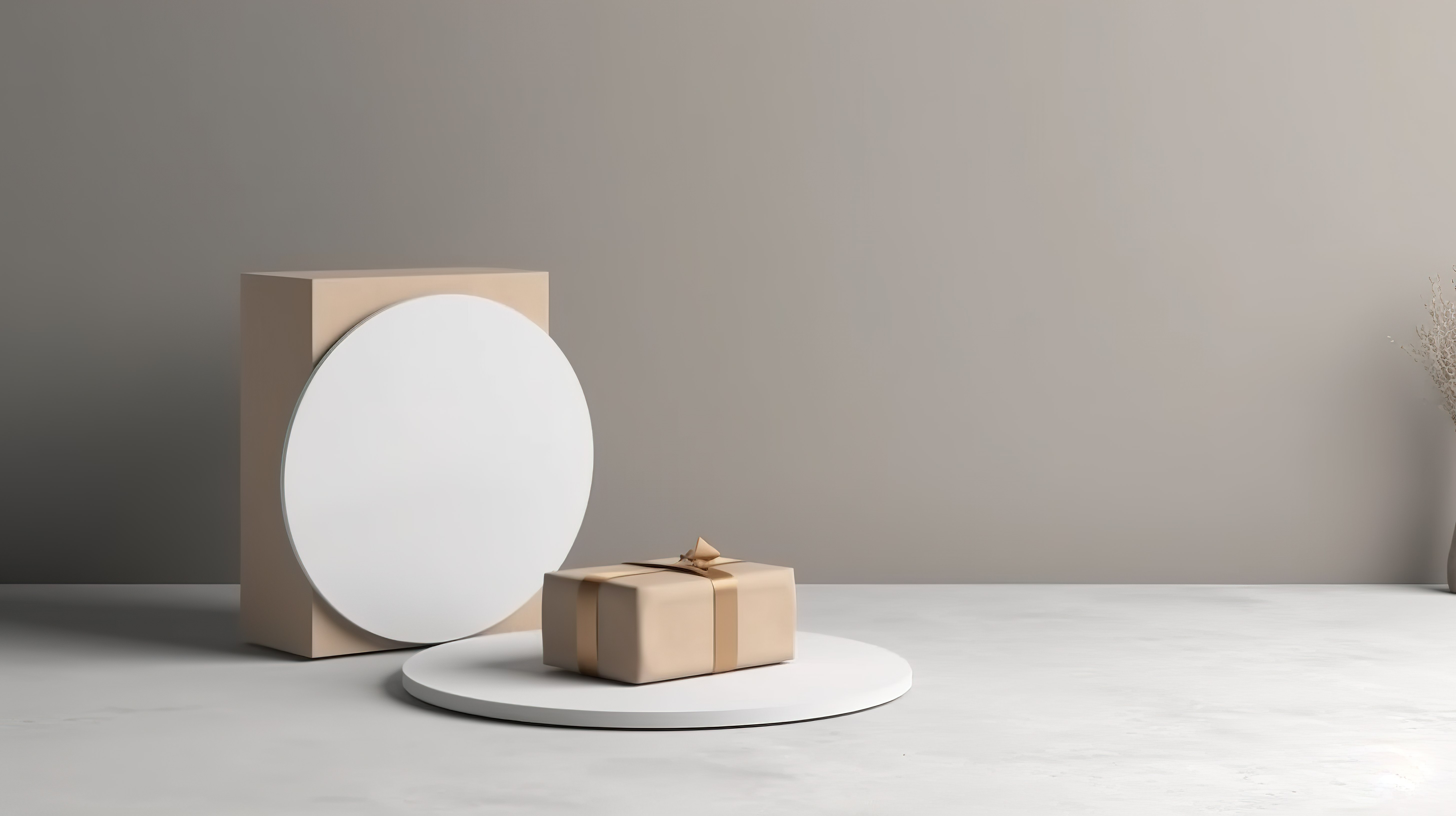 带圆形标签和 3D 渲染的牛皮纸包装白色礼盒的现代地板模型图片