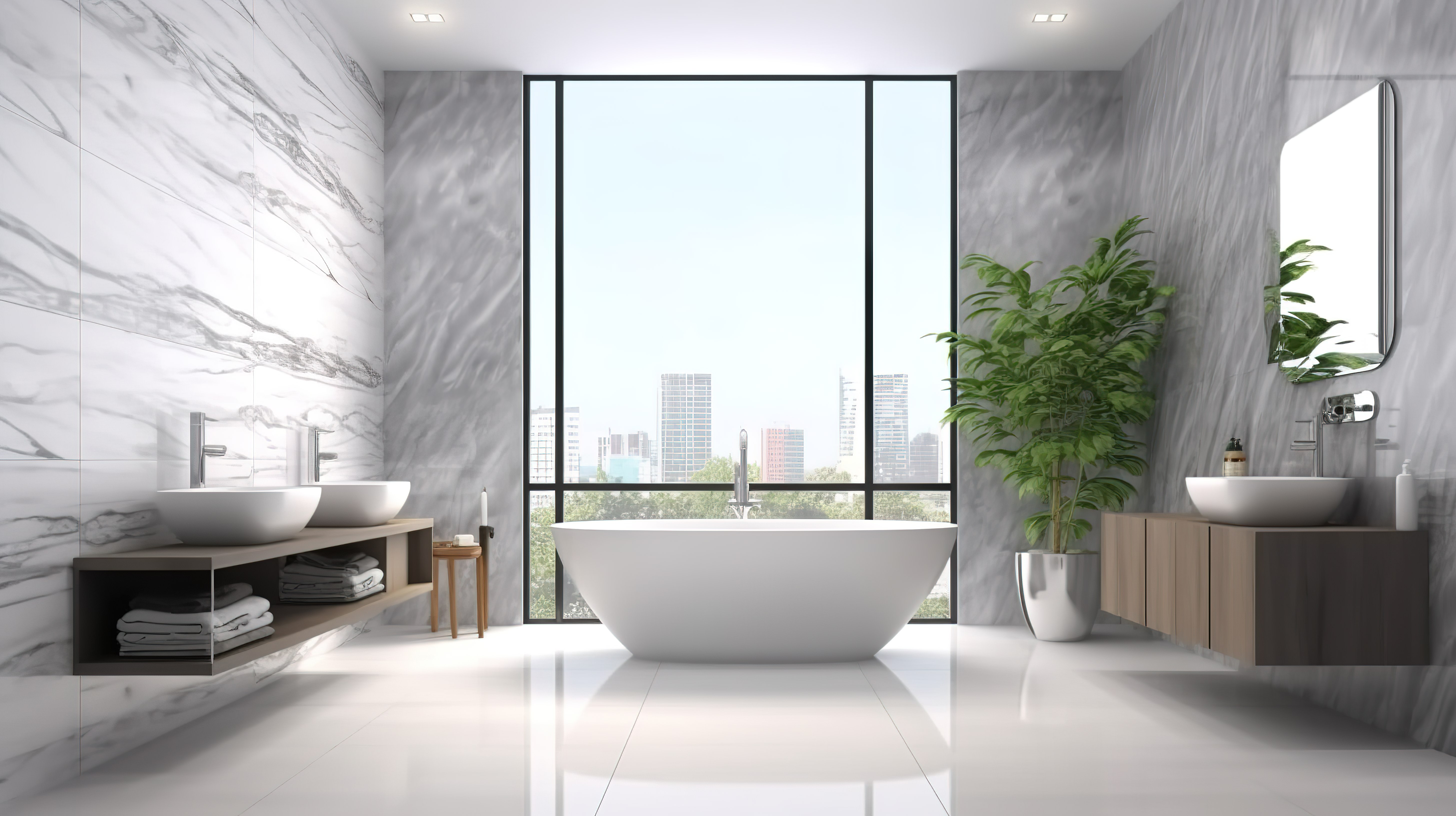 现代浴室设计与大理石印花瓷砖墙 3D 渲染图片