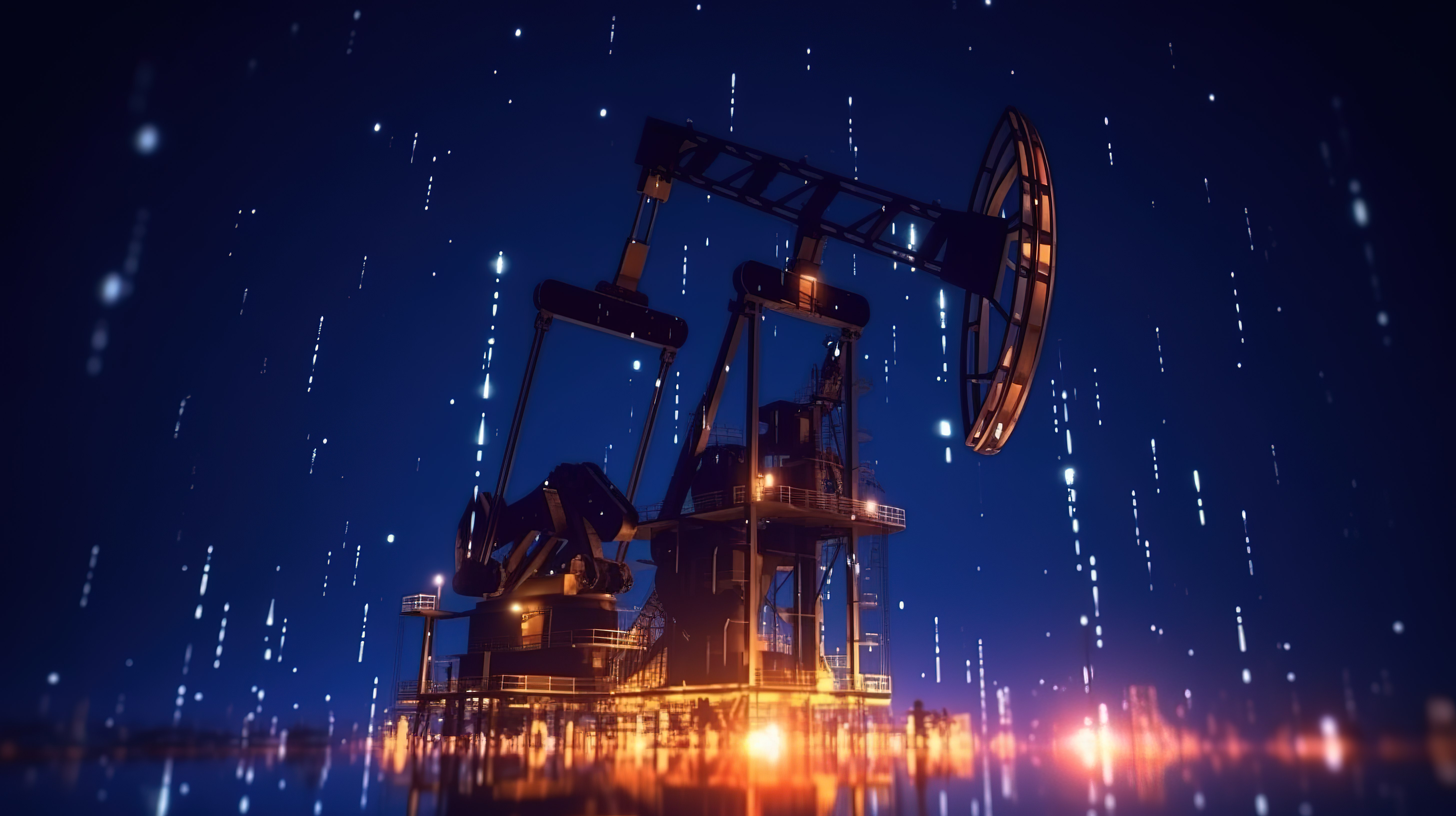 夜间油田开发剪影油泵和石油工业设备的 3D 渲染图片
