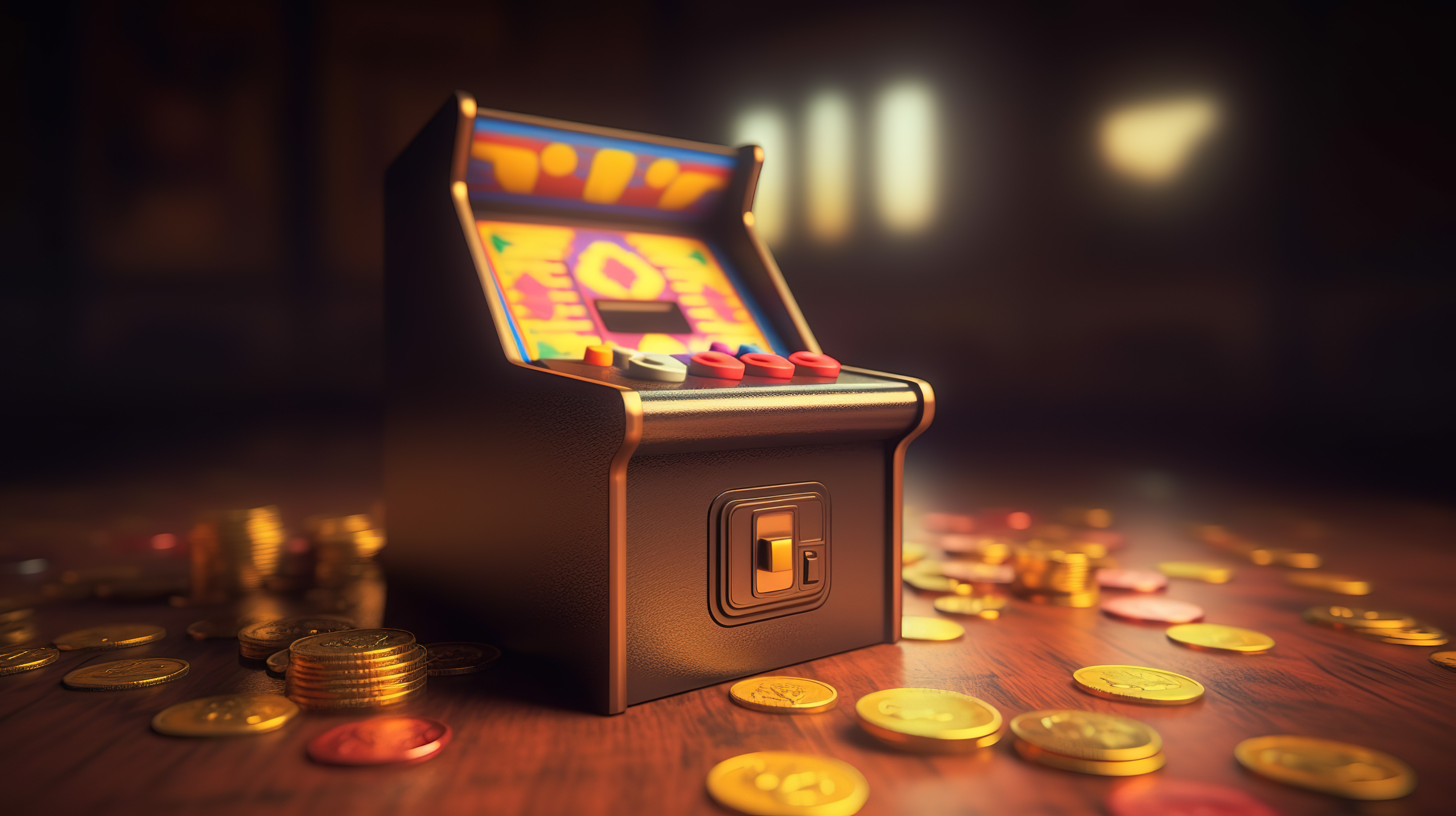 复古街机游戏 3D 渲染物品盒和硬币填充场景图片