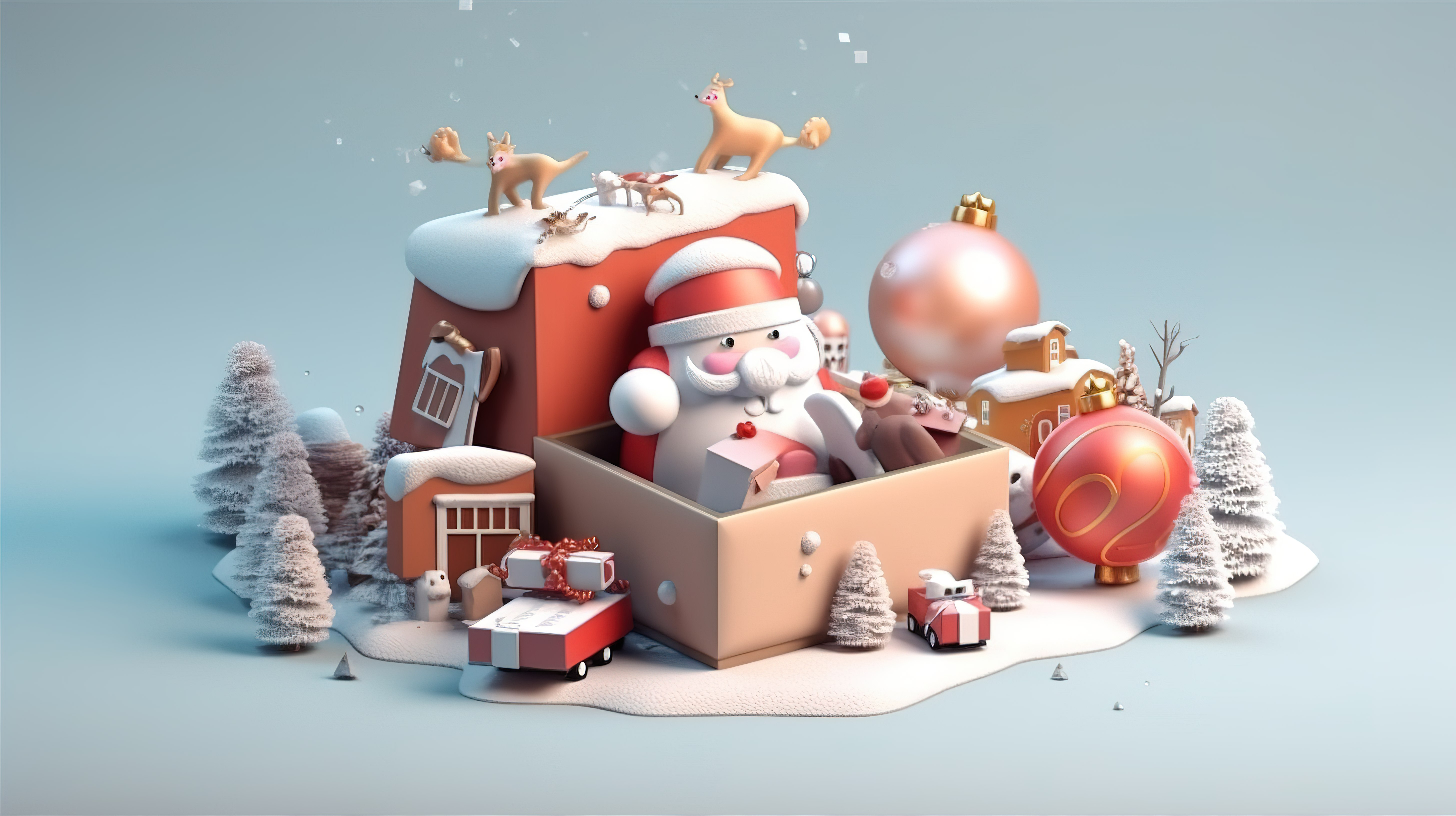 未包装的礼品盒，配有圣诞老人和节日圣诞节装饰品，祝您圣诞快乐，新年快乐 3d图片