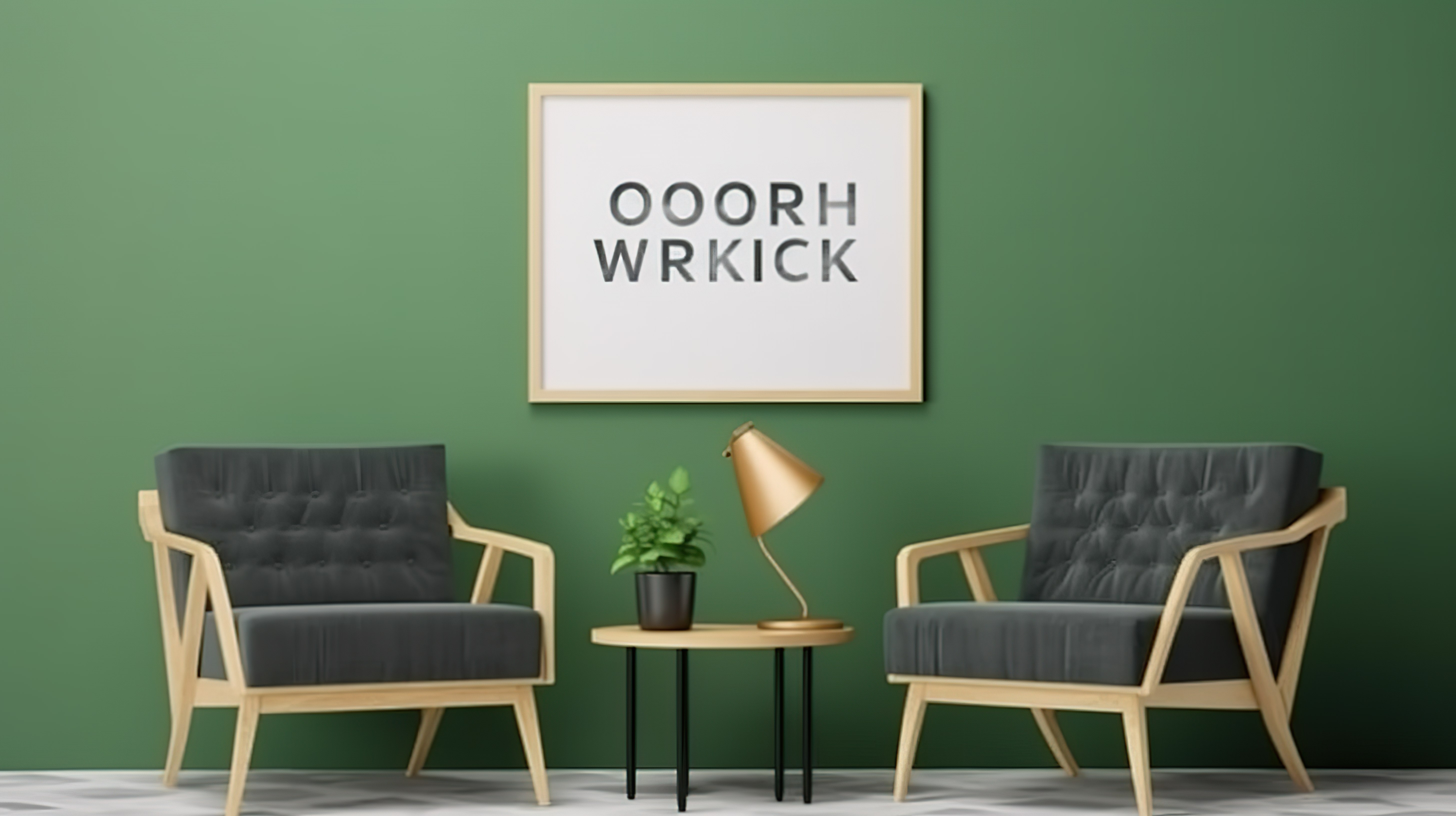 3D 渲染的样机海报展示了一间客厅，配有两把绿色扶手椅家居装饰品和木板图片
