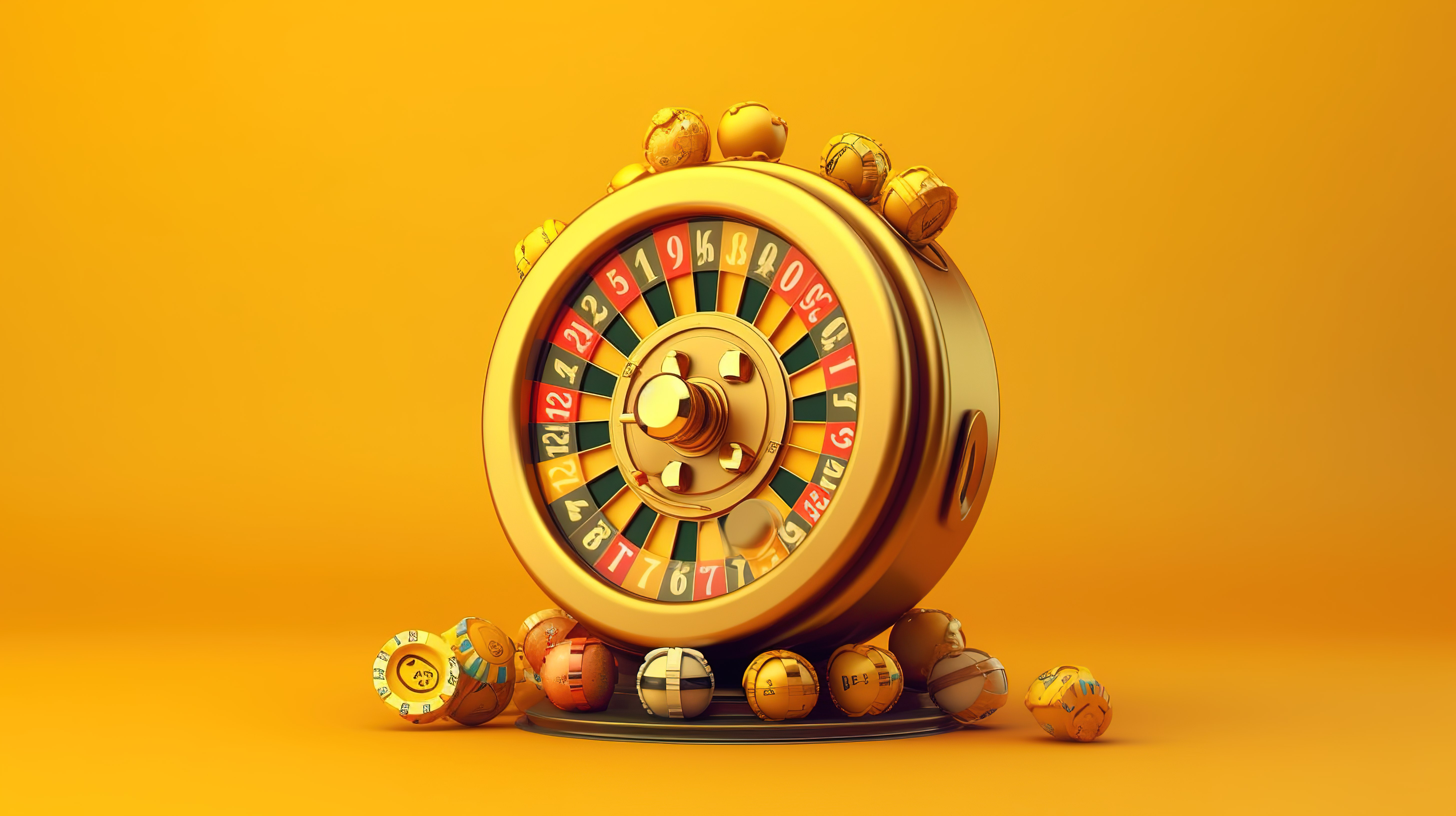 在线赌场中充满活力的黄色背景上逼真的轮盘赌轮和老虎机的 3D 渲染图片