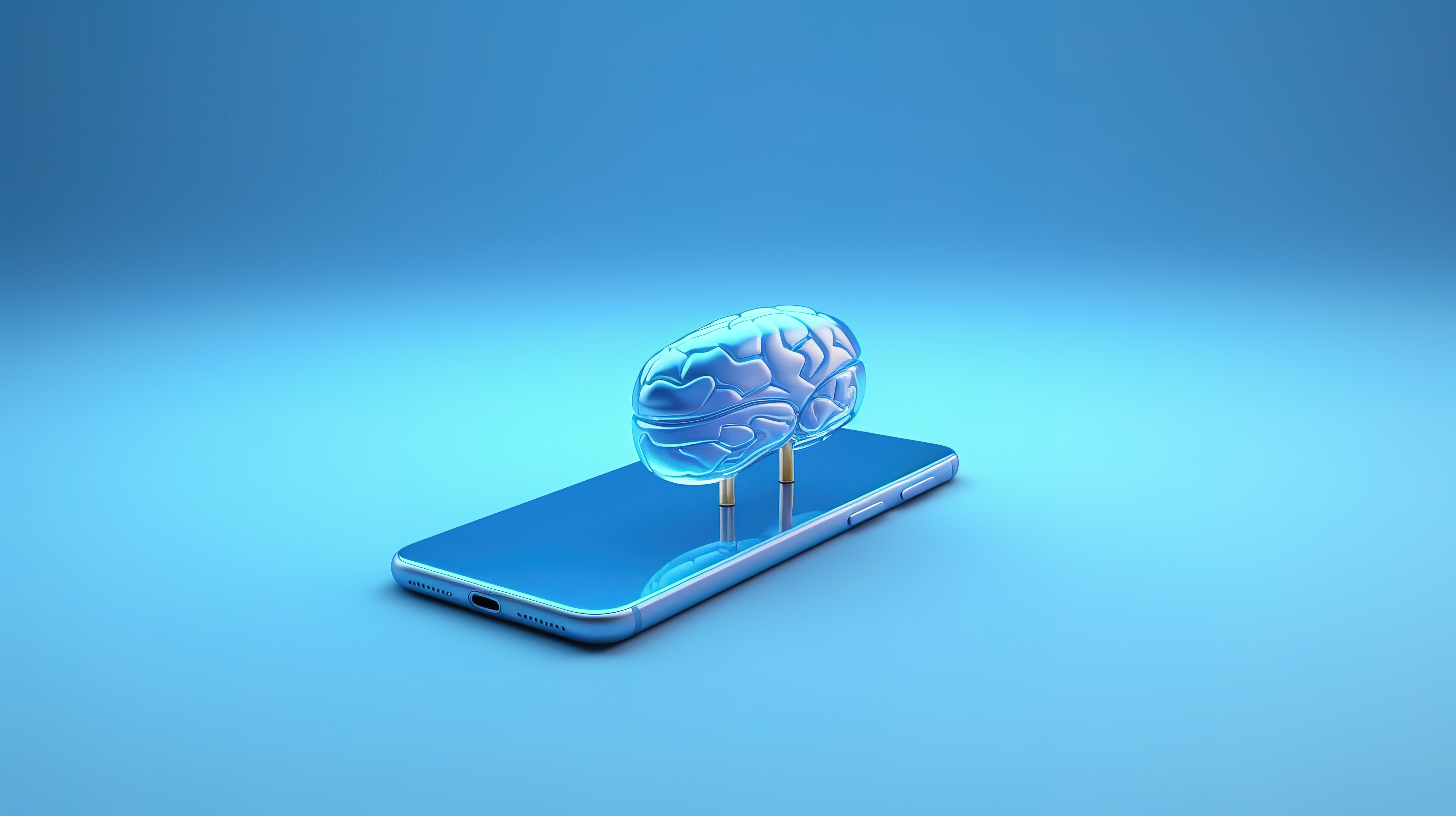 手机和大脑的概念性蓝色 3D 渲染图片