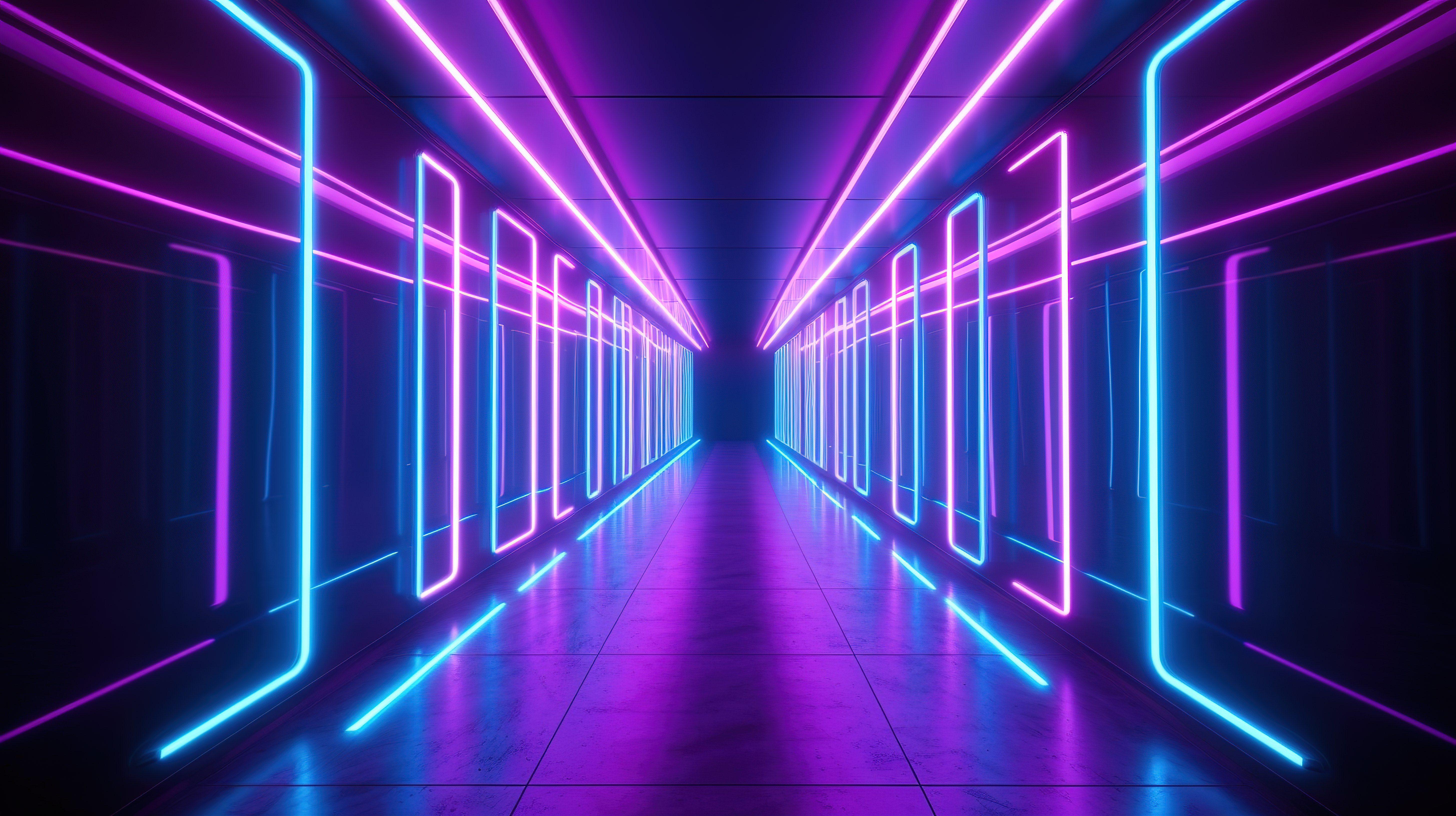 霓虹灯走廊的未来派 3D 渲染，透视中带有蓝色和紫色线条图片
