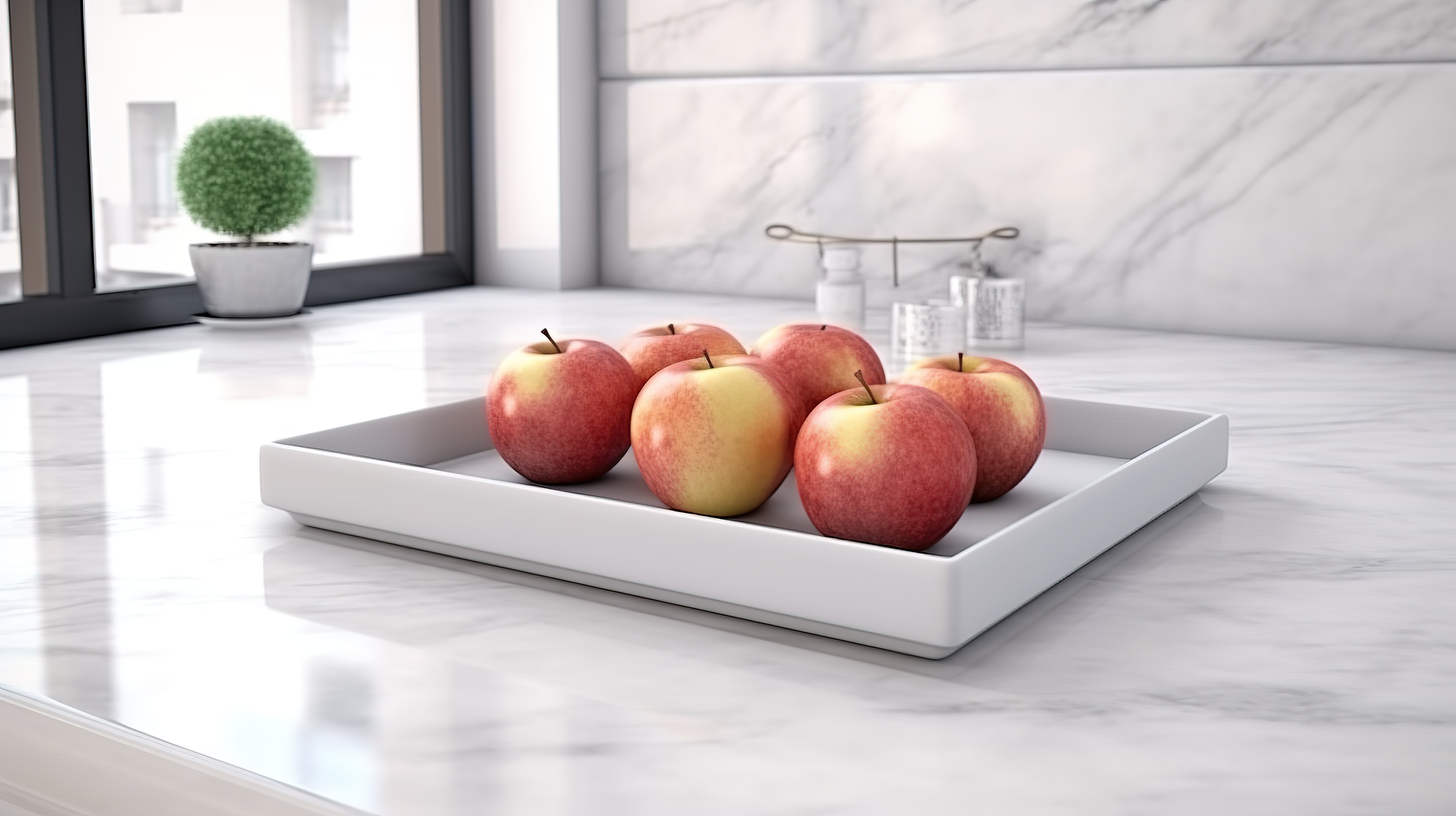 现代厨房优雅的白色大理石台面，配有新鲜苹果和充足的 3D 渲染复制空间图片