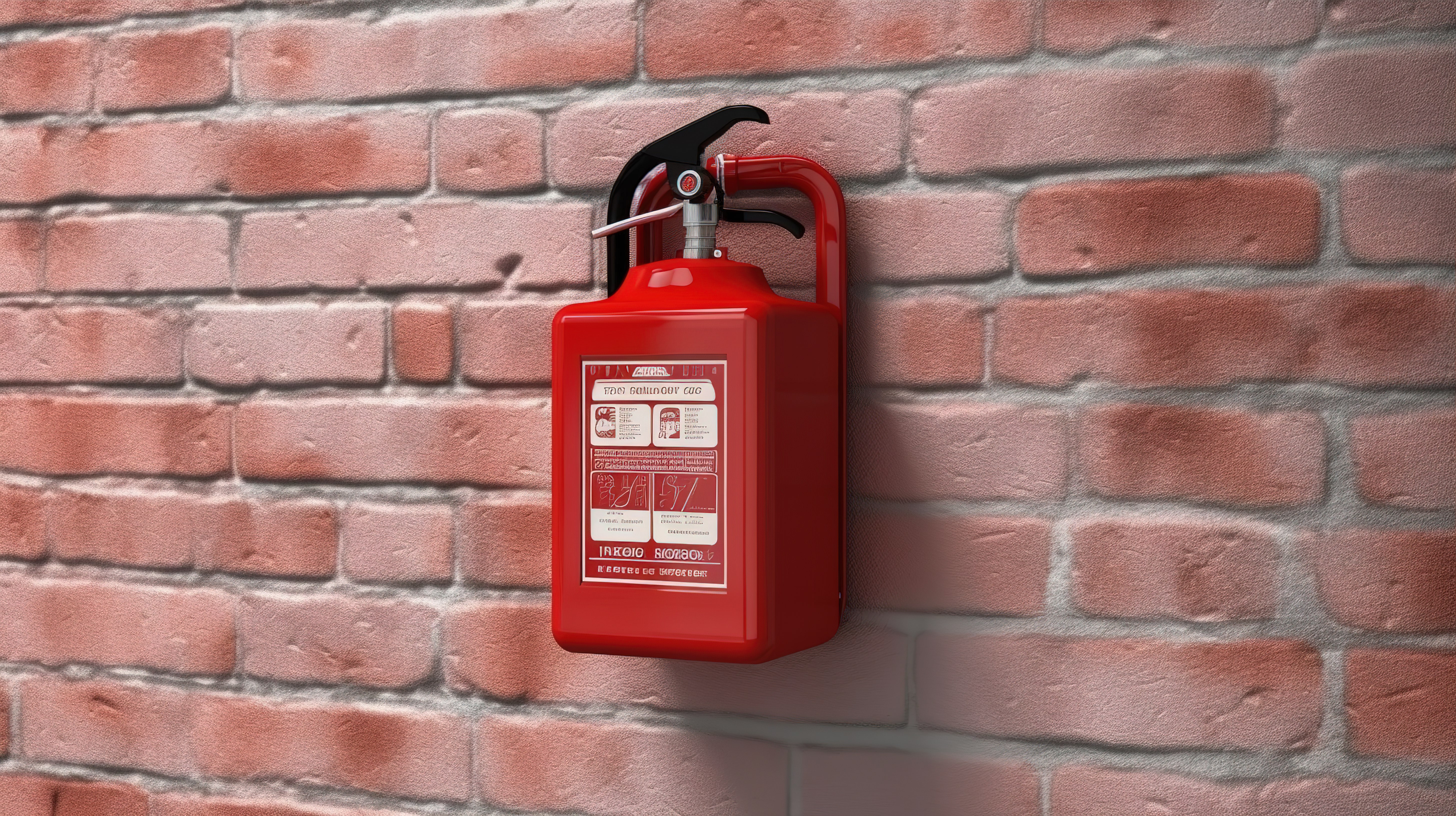 壁挂式应急储物箱，配有红色灭火器，以砖墙 3D 渲染为背景图片