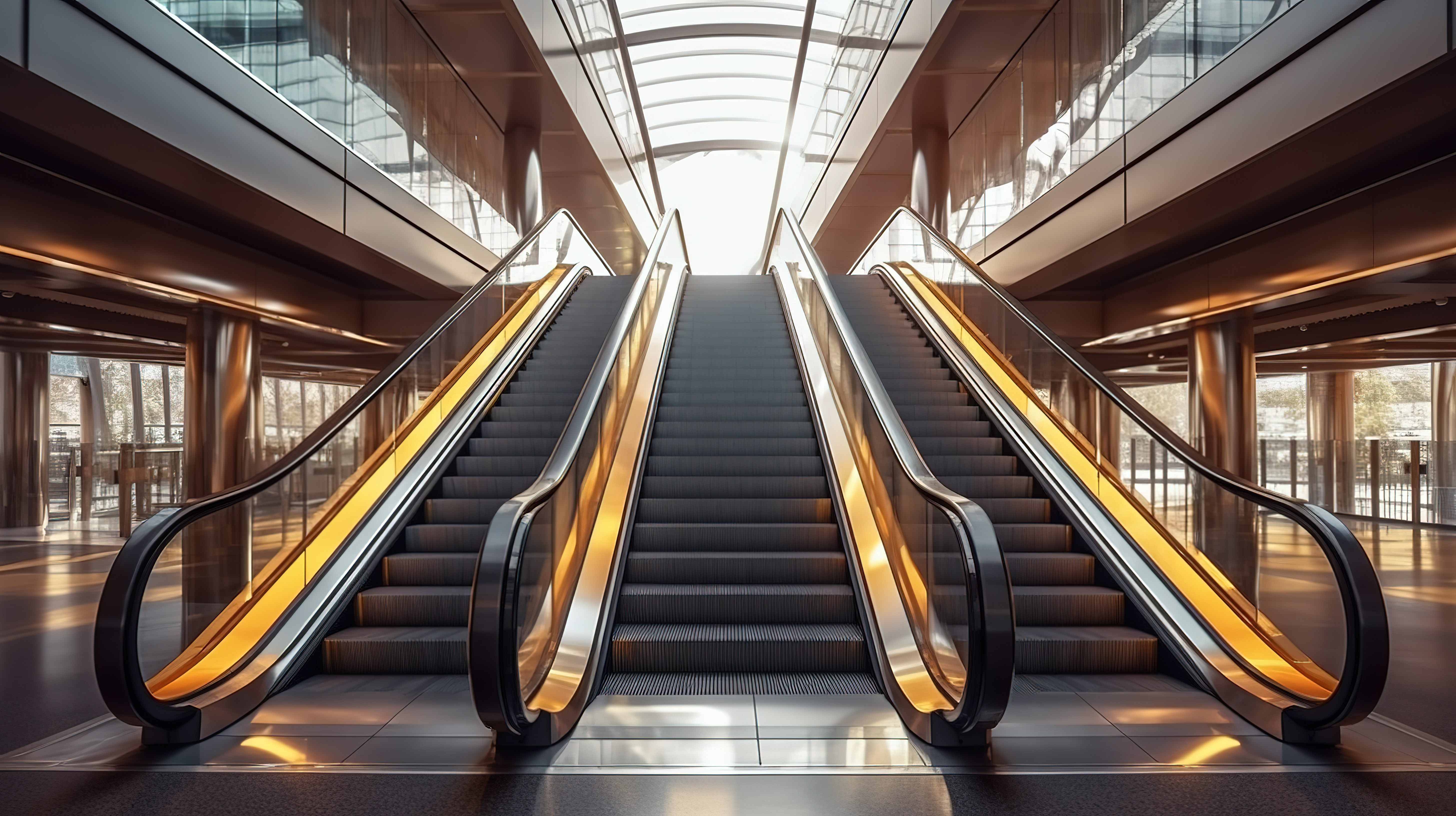 室内购物中心机场或地铁站的时尚自动扶梯详细的 3D 渲染图片