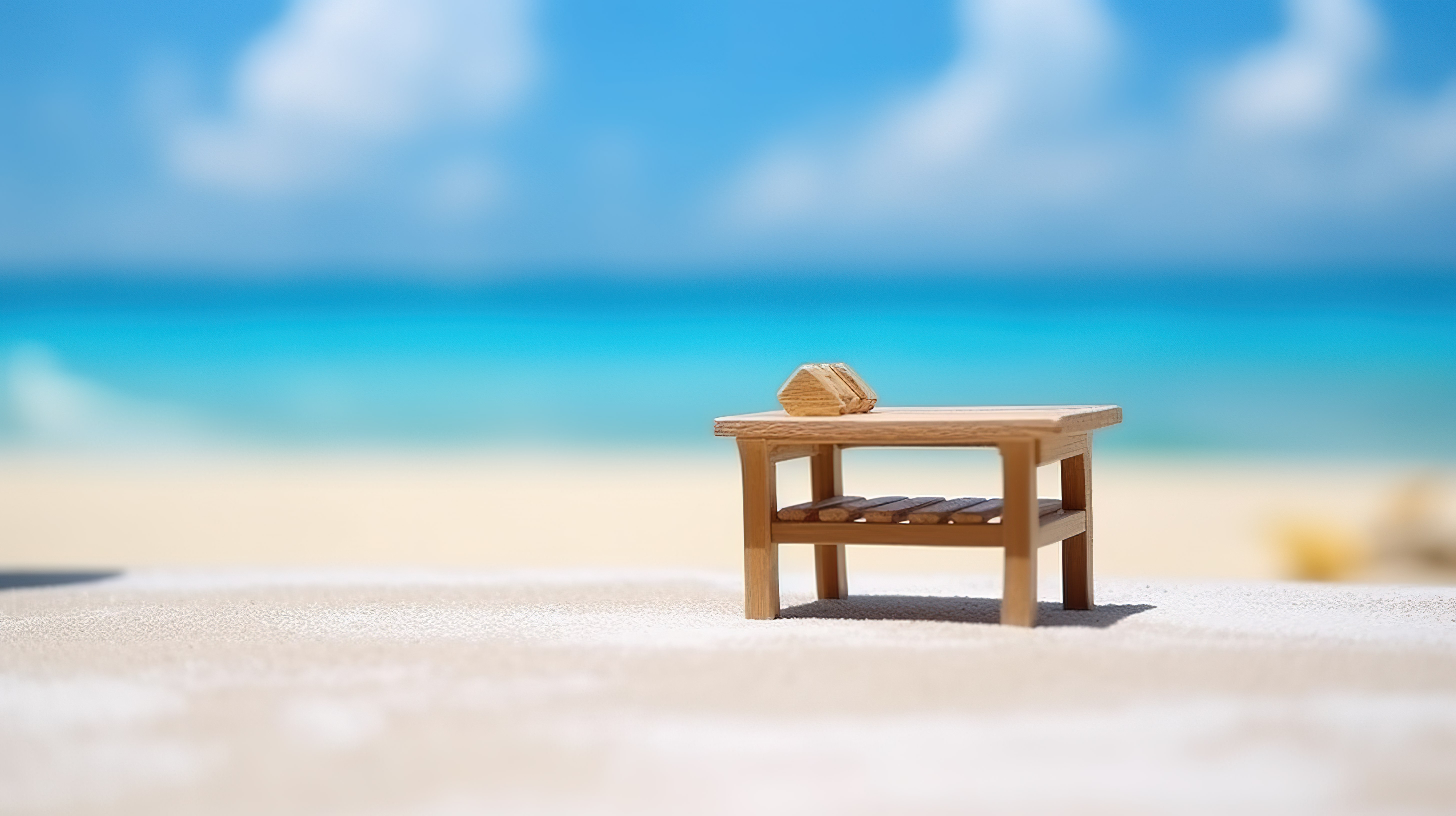 夏季景观与木桌上的沙滩椅 3D 渲染模糊效果图片