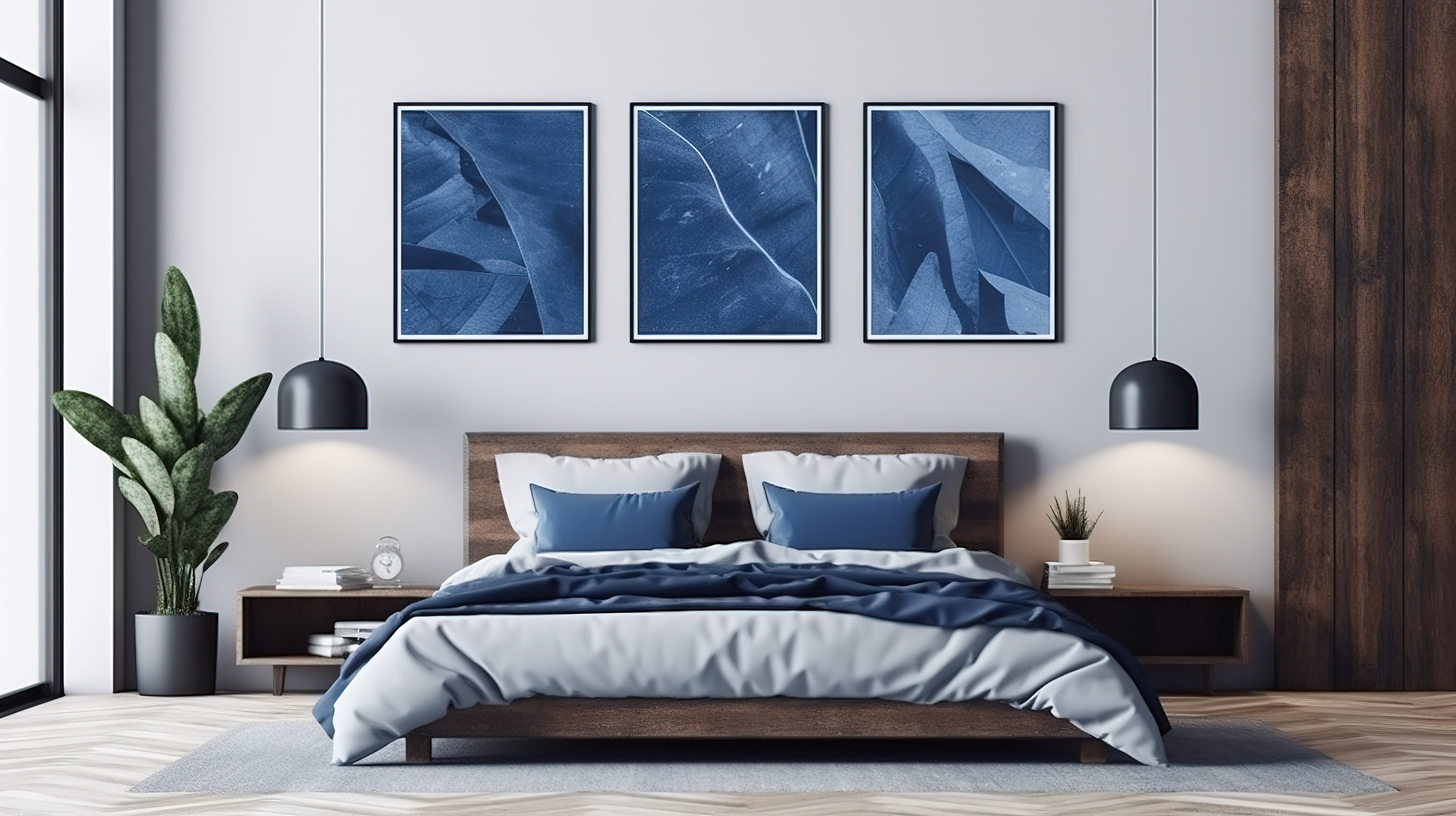 卧室内部的 3D 插图，配有海报框架模拟床深蓝色枕头床头柜和白色墙壁上的植物图片