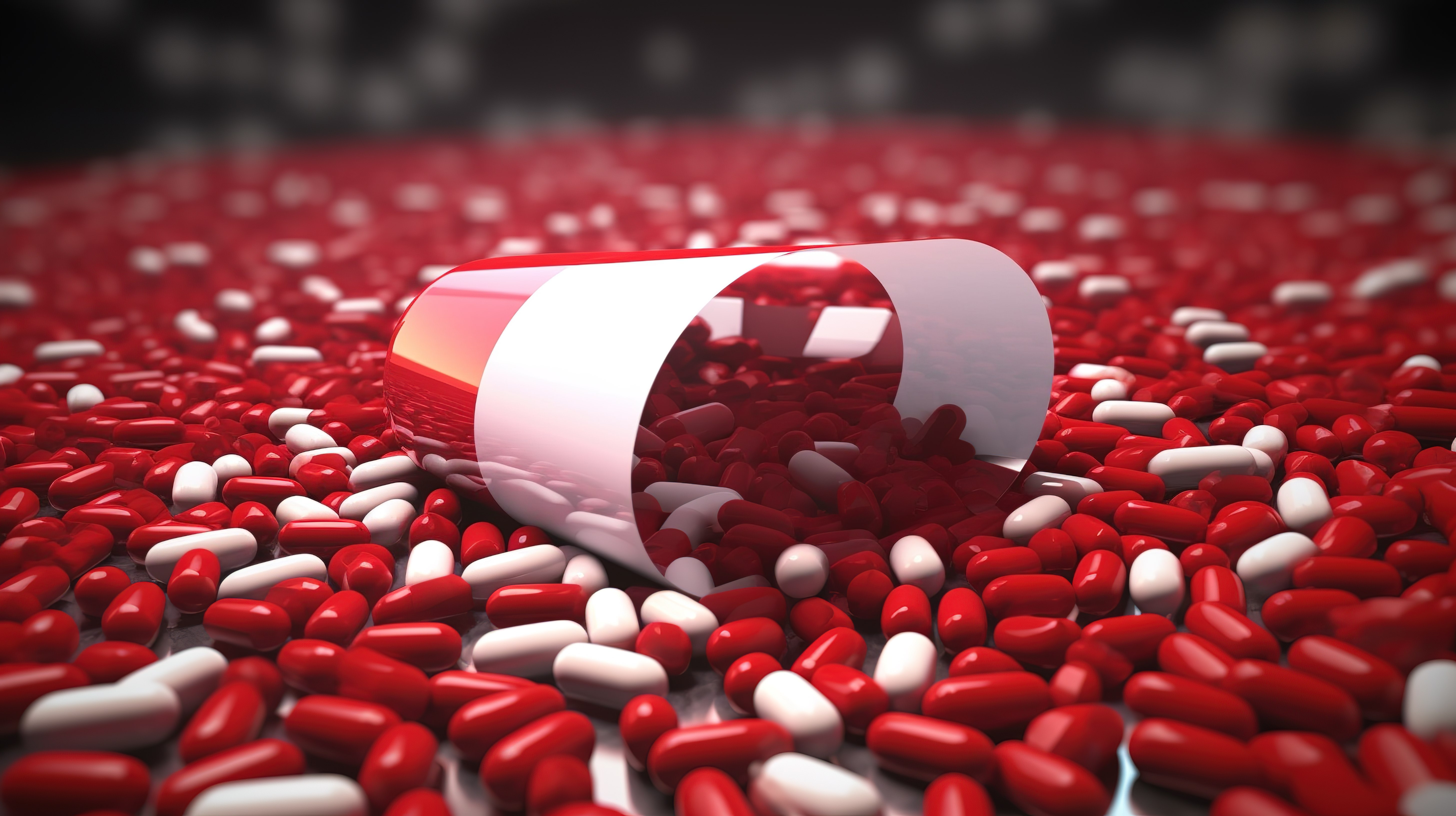 3D 渲染显示带有深红色箭头形颗粒的红色和白色药丸胶囊的插图图片