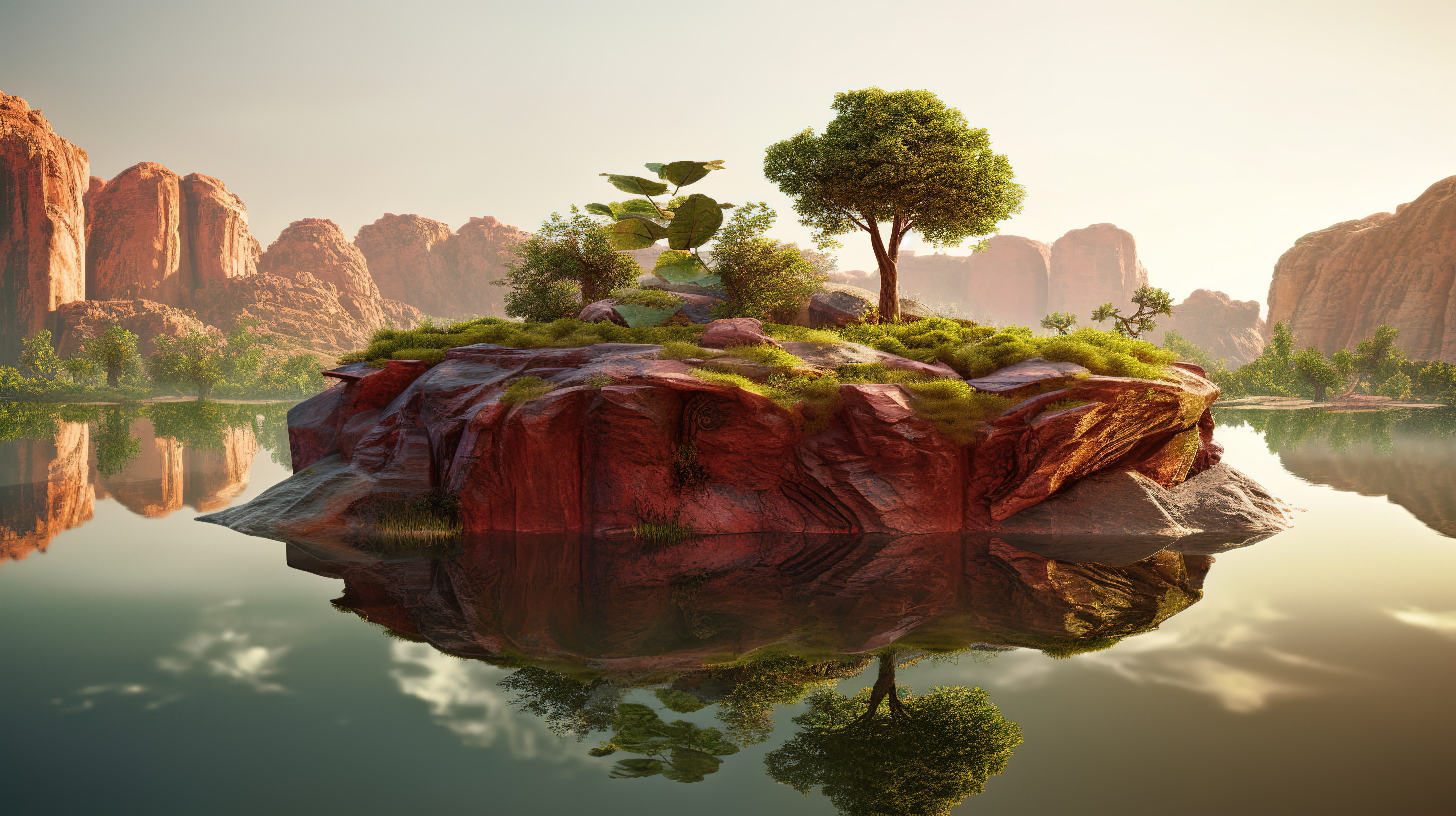壮观的 3D 渲染充满活力的红色岩石山脉和树木繁茂的漂浮土地图片