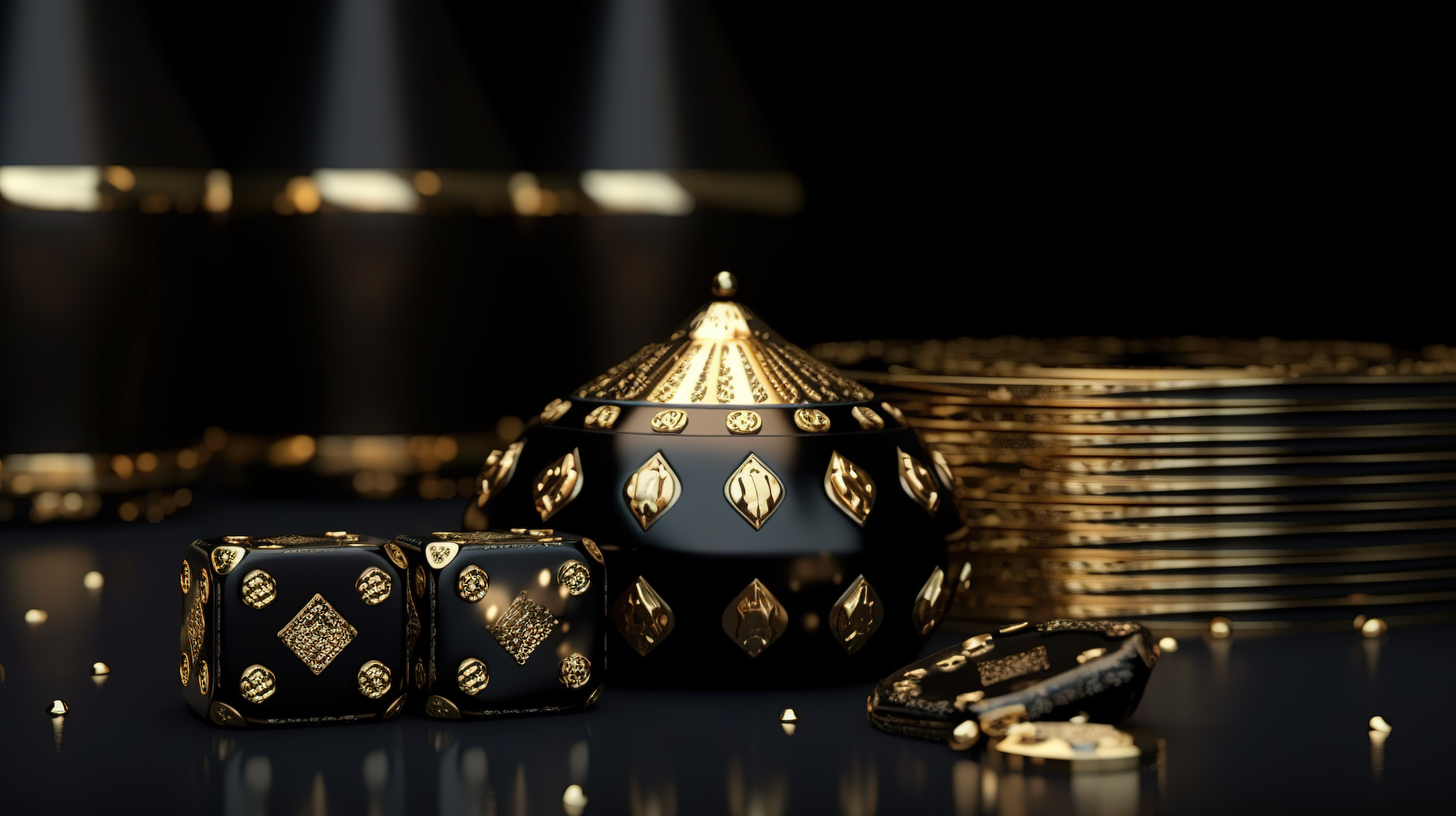 赌场元素扑克牌骰子皇冠和带有黑色和金色口音的高脚杯的 3D 渲染插图图片