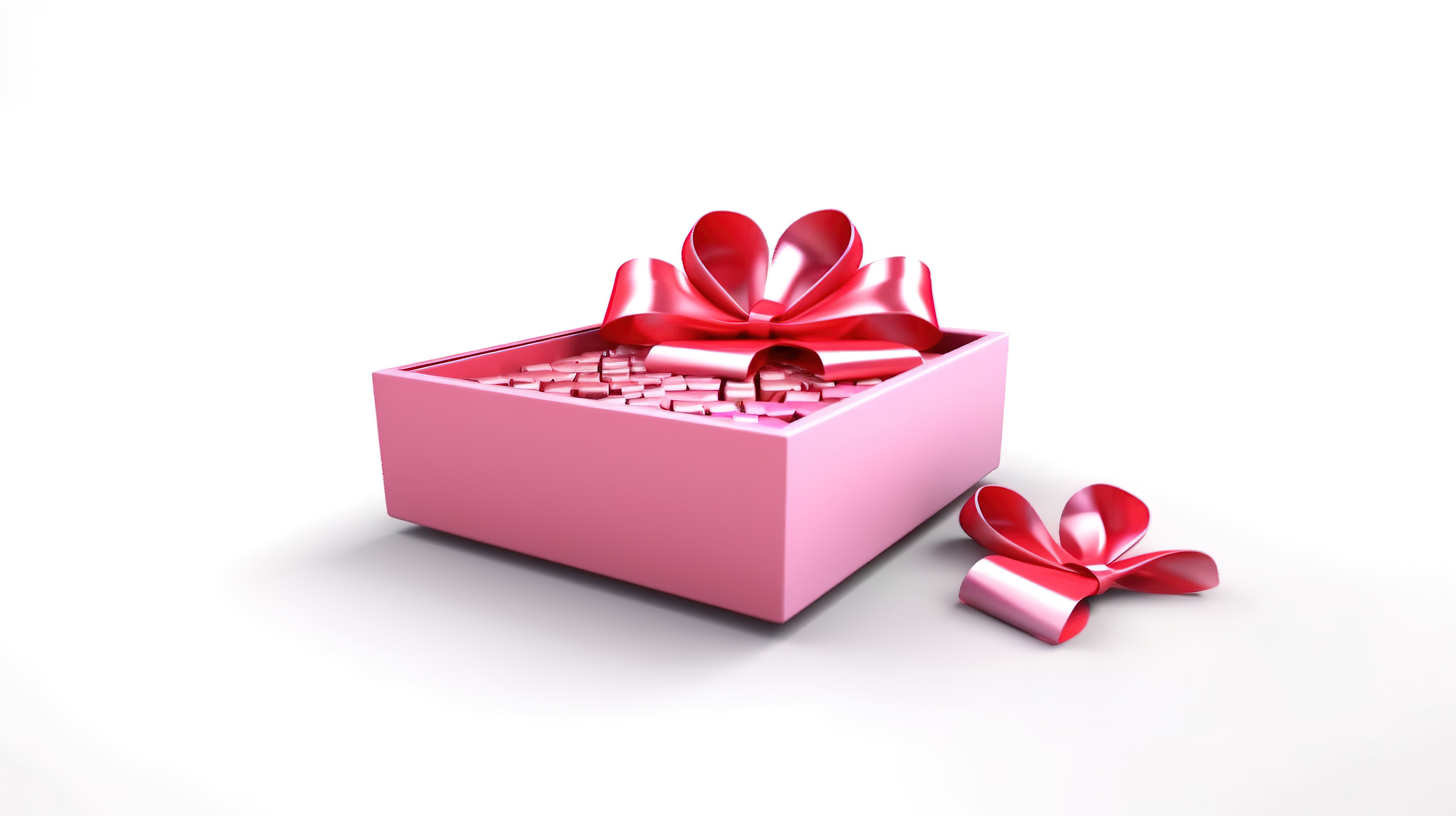 白色背景上带红色蝴蝶结的孤立开放粉色礼品盒的 3D 插图图片