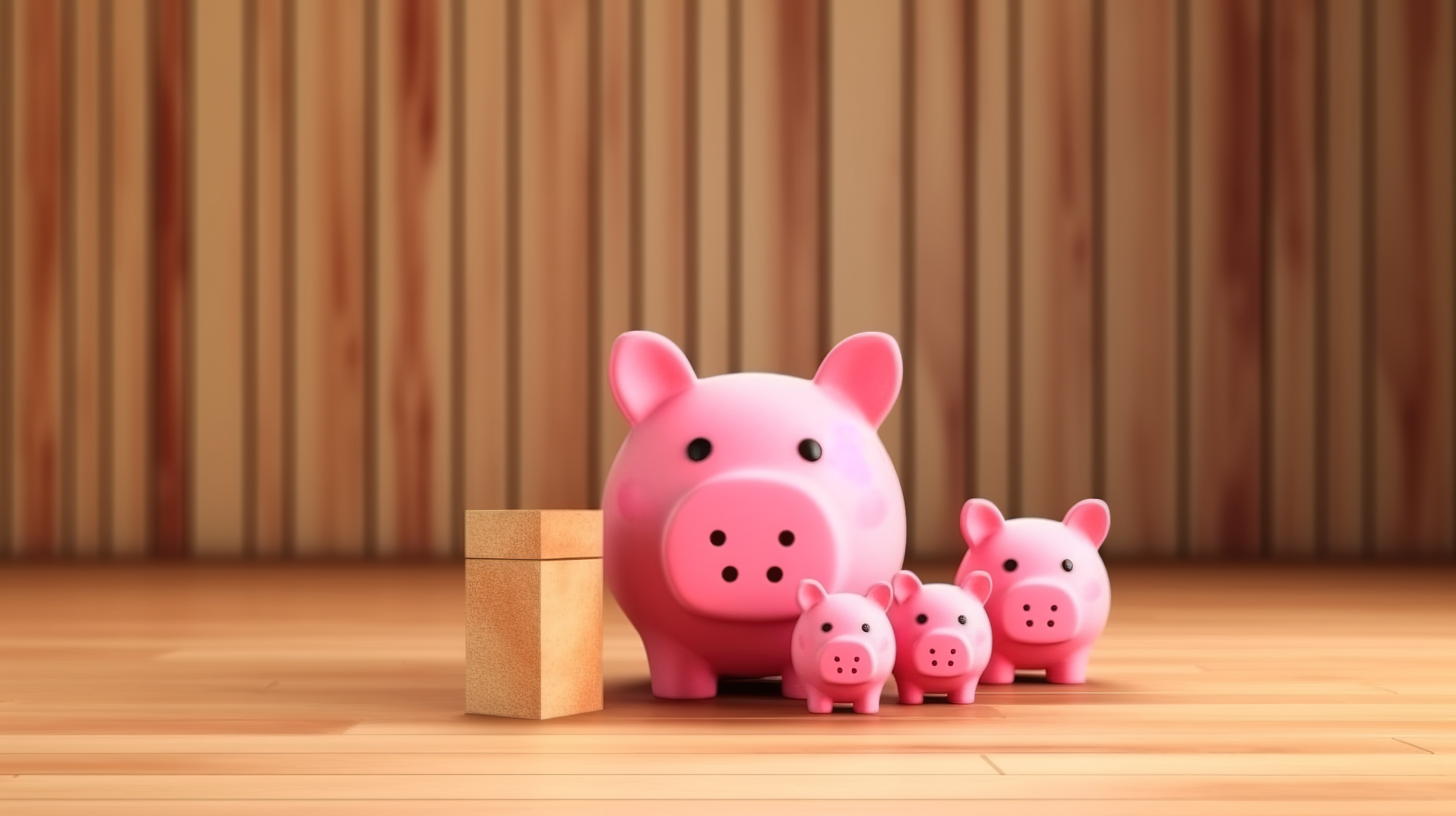 充满活力的粉红色存钱罐与 3D 渲染家庭木切图片