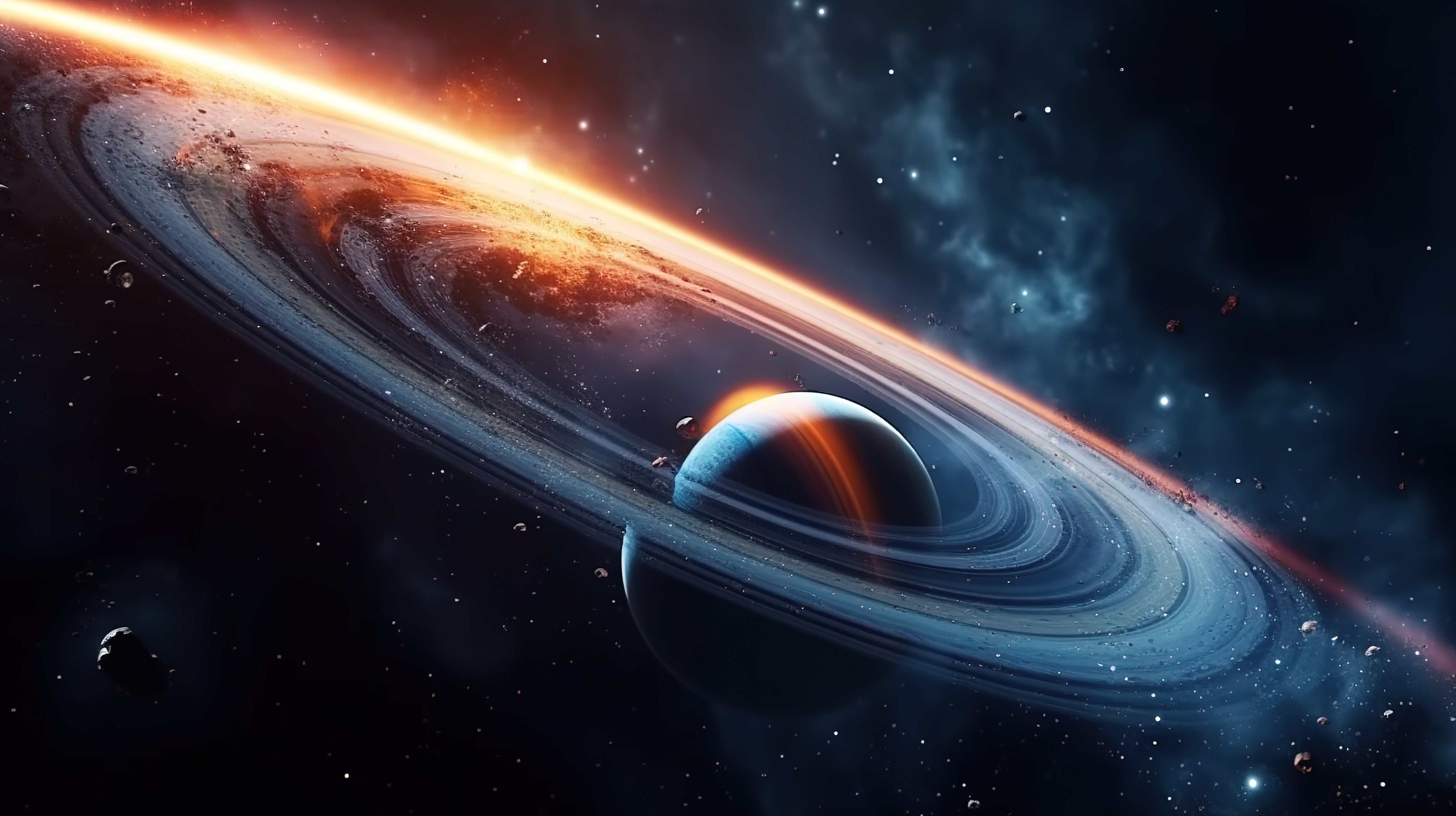 土星惊人的环是一个令人惊叹的气态巨行星，其轨道包围着太空中的小行星环 3d 渲染图片