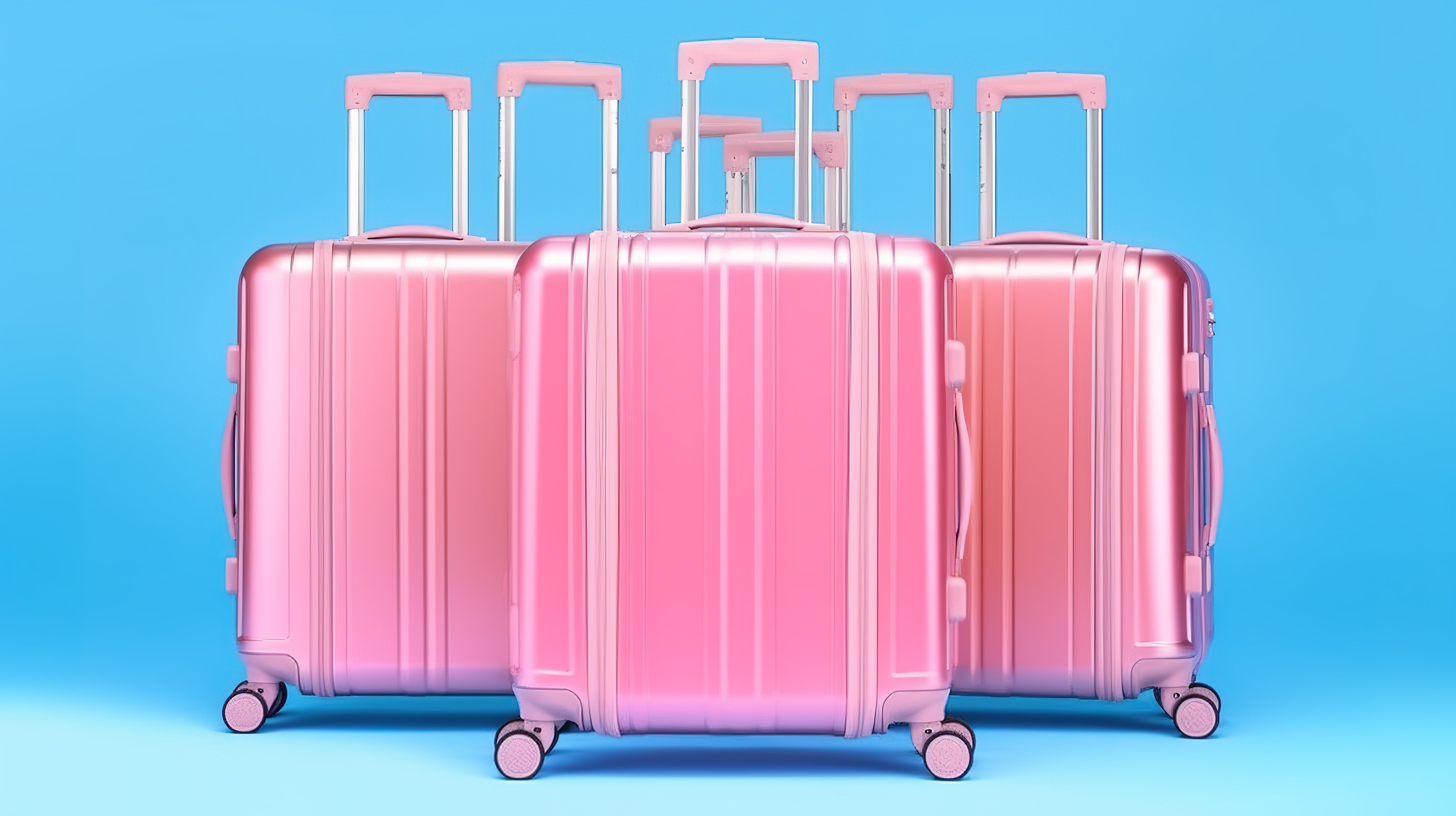 蓝色背景上装有大型聚碳酸酯手提箱的粉色豪华酒店行李手推车的 3D 渲染图片