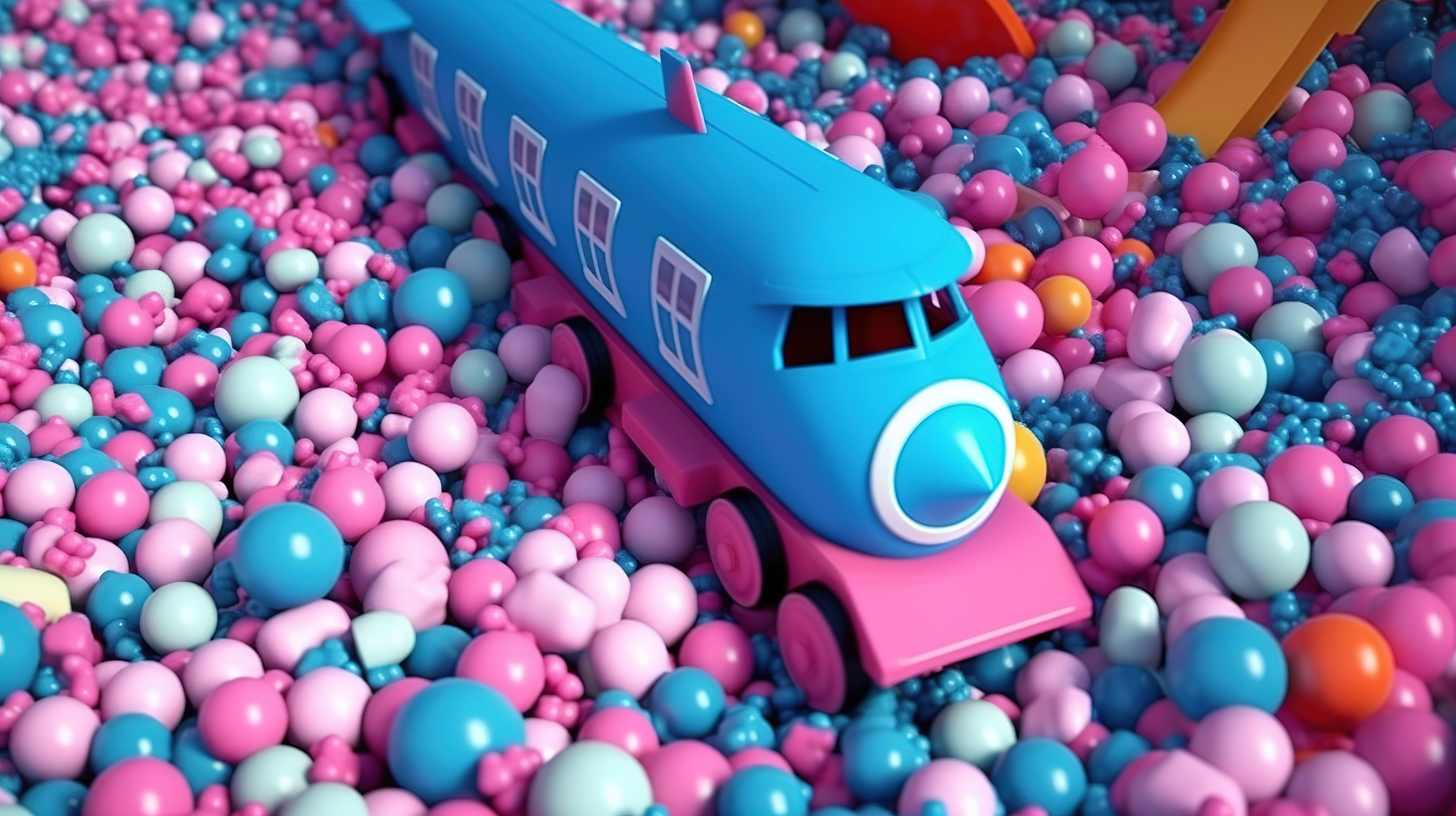 充满活力的球围绕着粉色玩具火车和飞机，呈现出引人注目的蓝色 3D 渲染效果图片