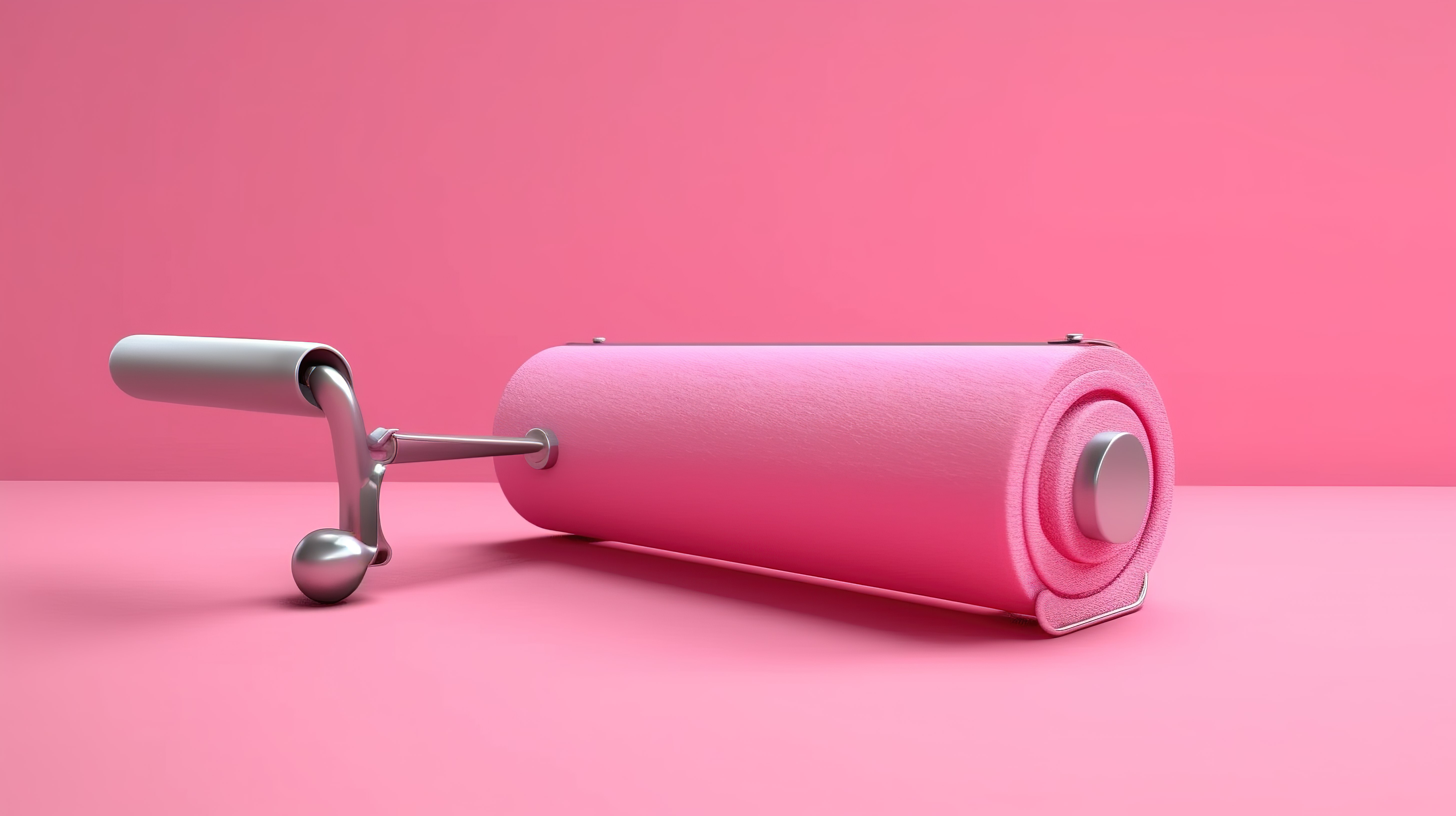 3D 渲染的粉红色油漆滚筒在互补色调的背景上图片
