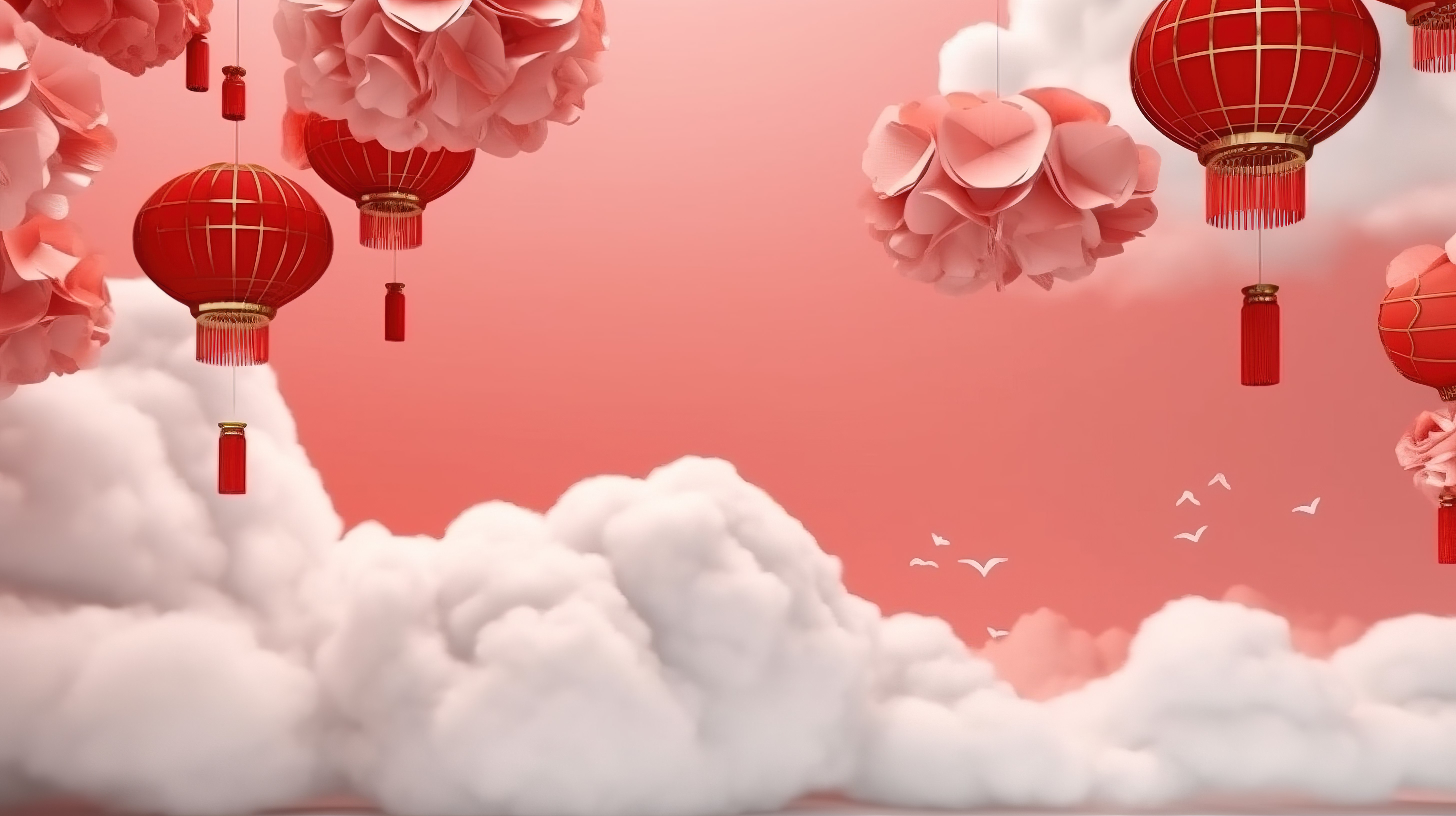 充满活力的中国新年场景 3D 渲染红色中国灯笼纸花和云背景图片