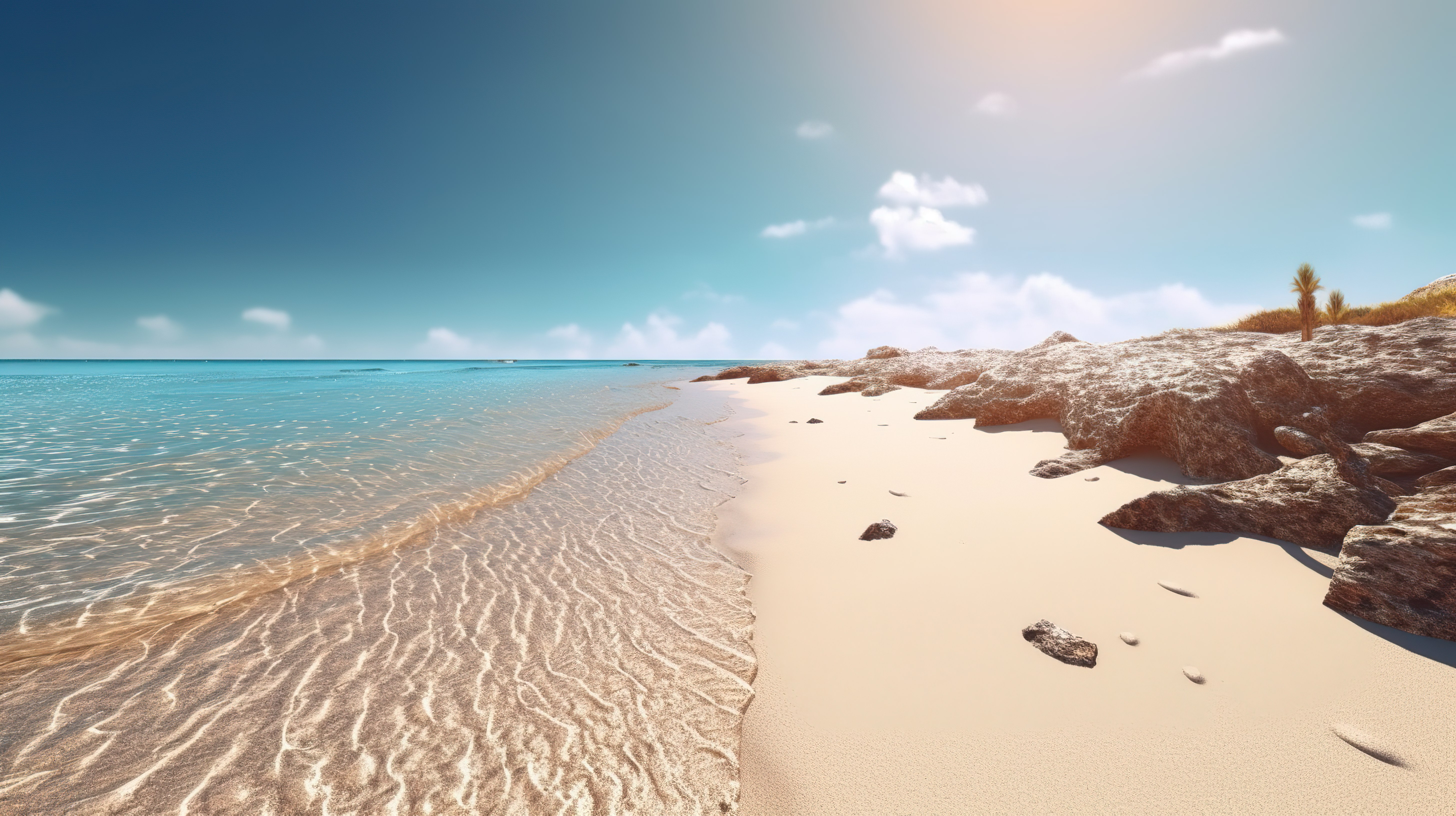 迷人的 3D 渲染，被海洋包围的宁静阳光照射的热带海滩，提供充足的复制空间图片