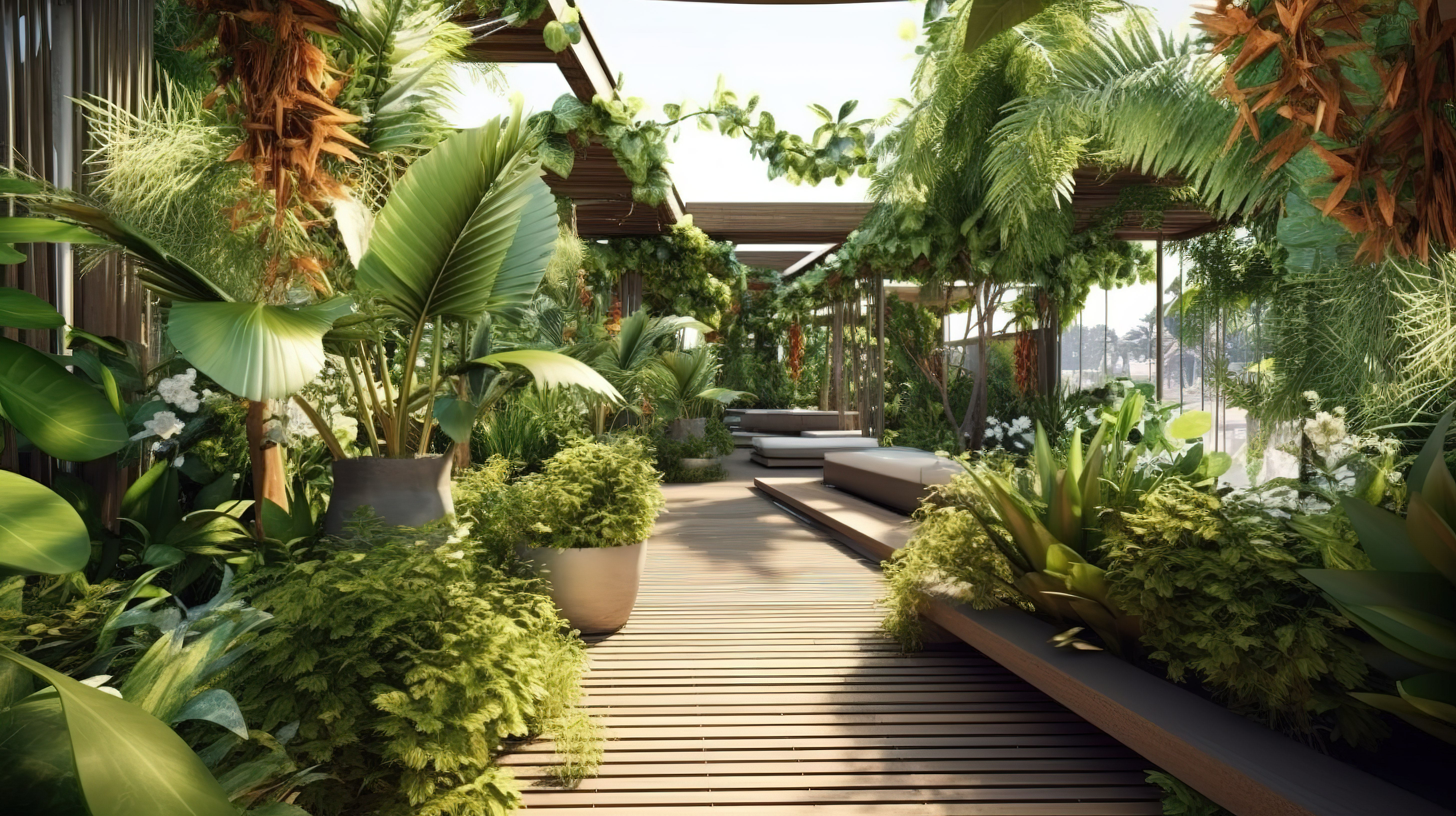 现代热带房屋的 3D 插图，带有令人惊叹的屋顶花园图片