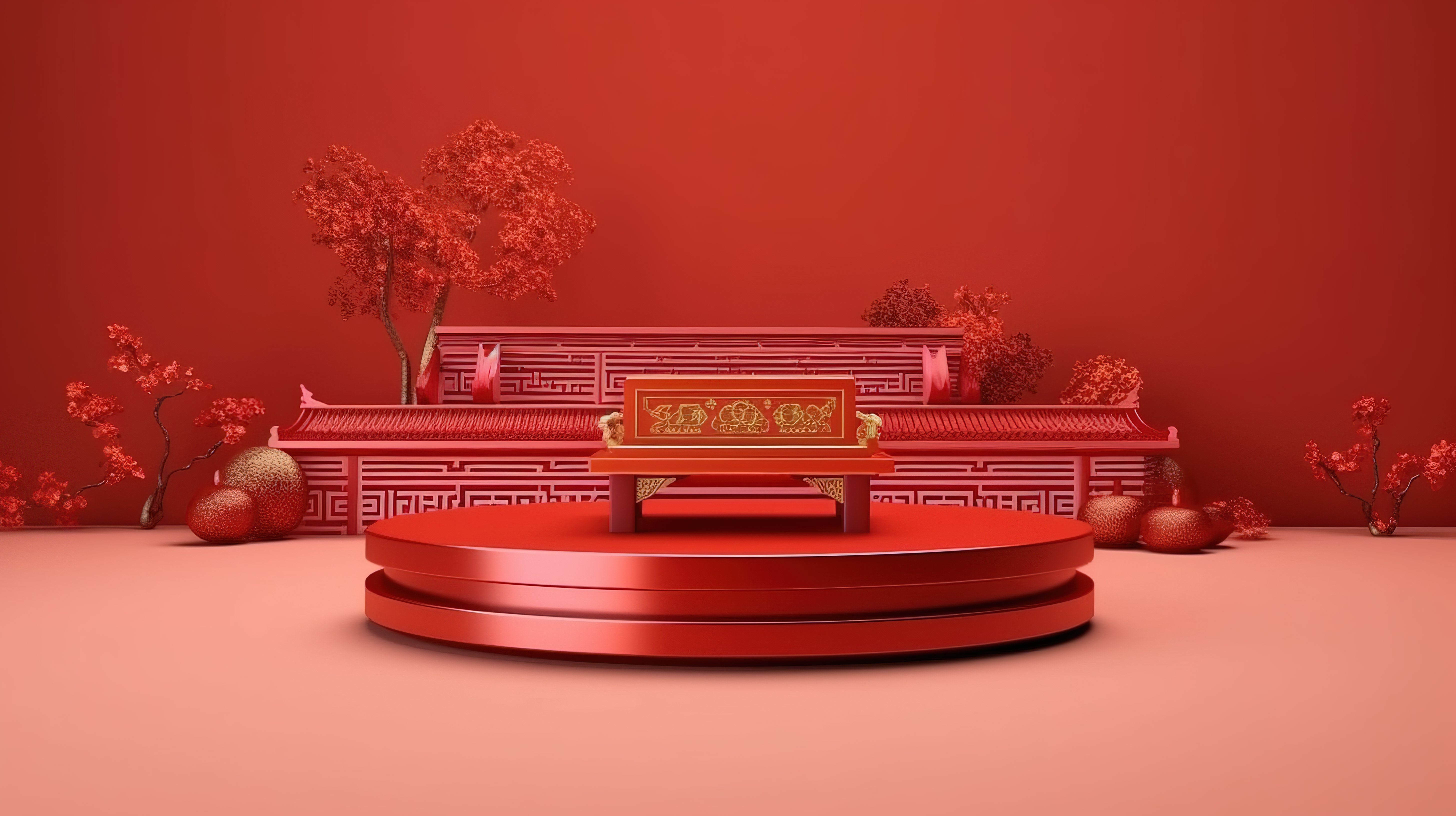 中国新年红色讲台 3D 渲染礼品盒产品站在背景基座上图片
