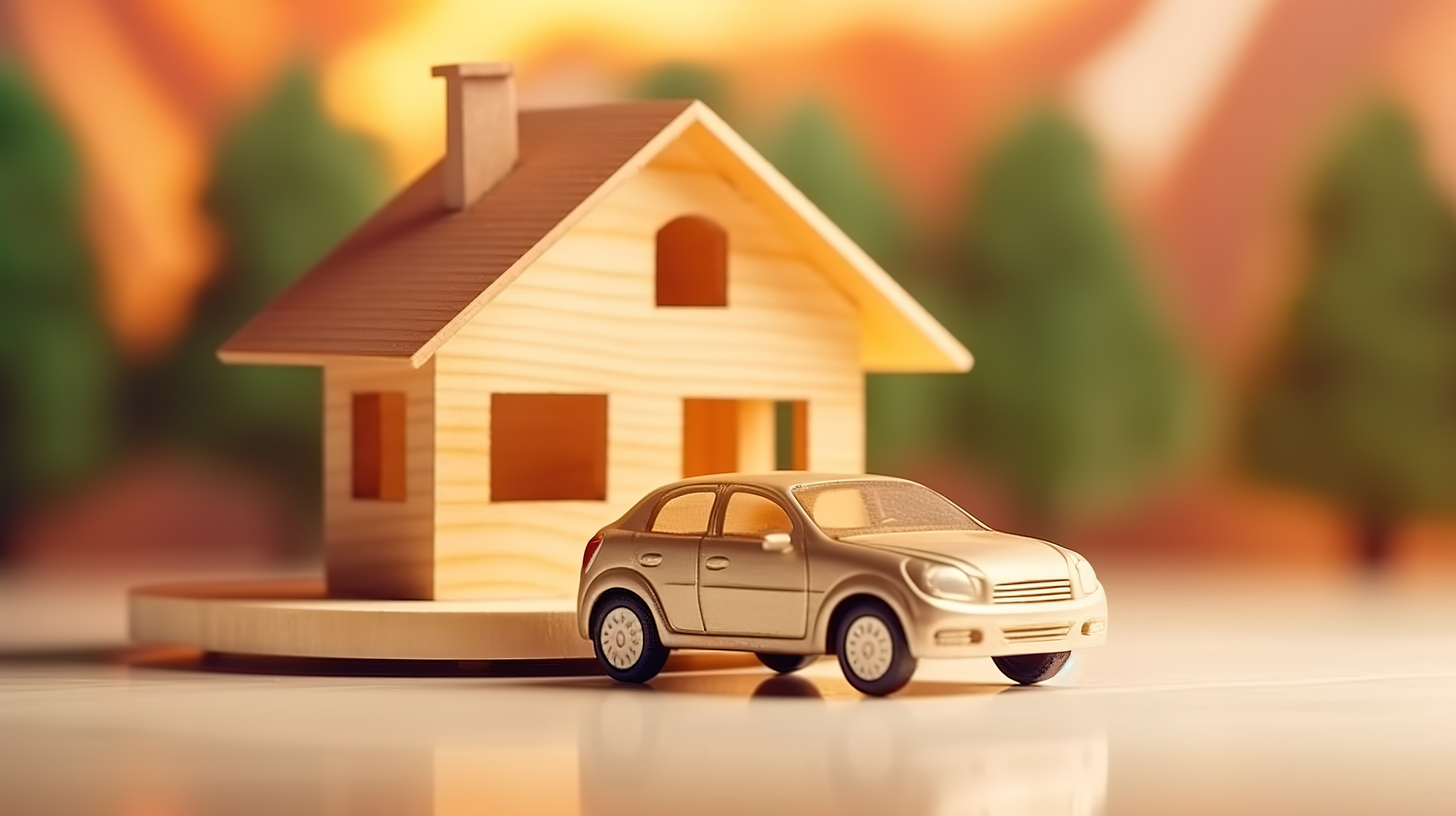 用于房地产或财产概念的木制玩具房屋和汽车的 3D 渲染图片