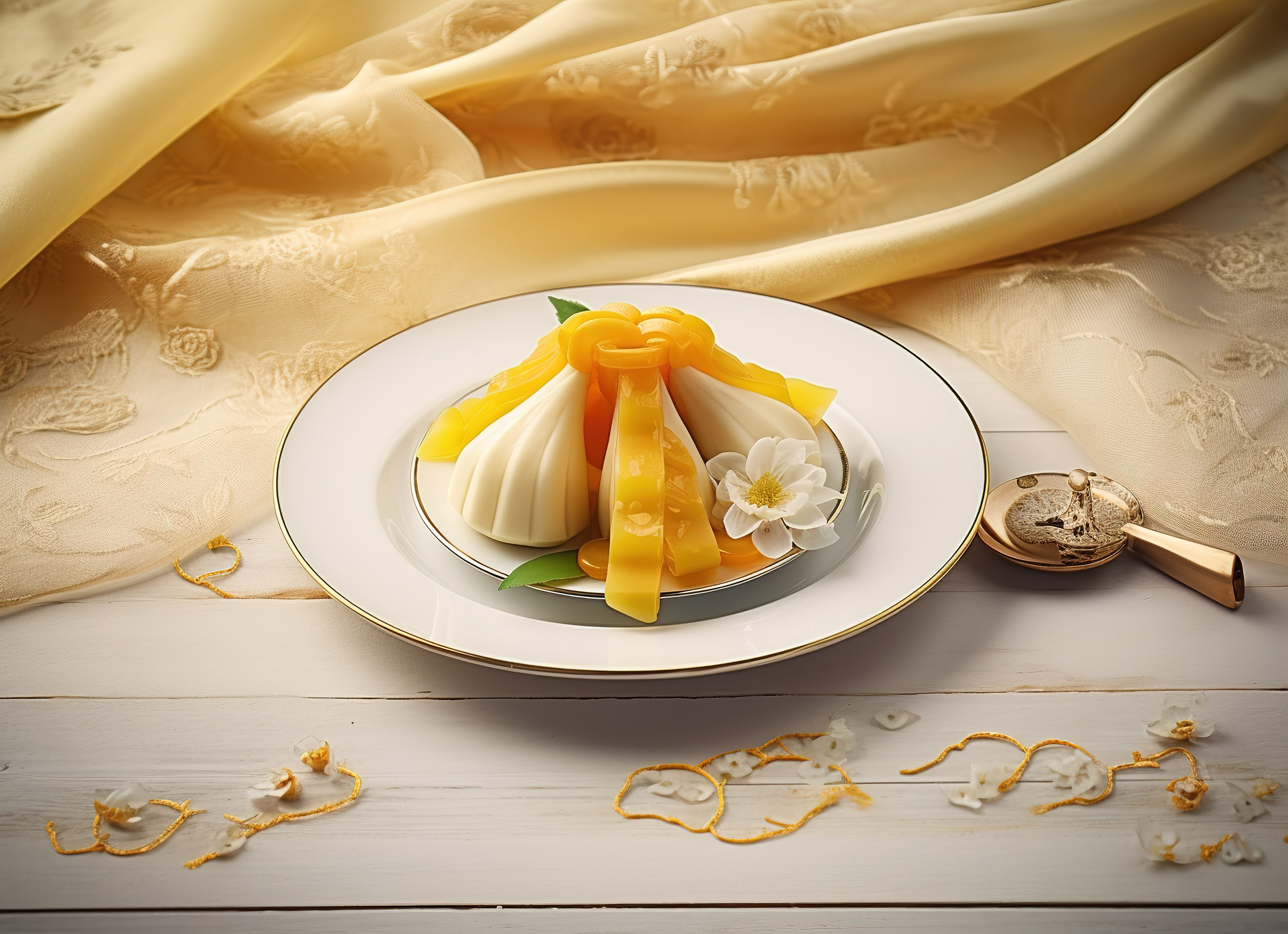图像显示盘子上的中国芒果蛋糕片图片