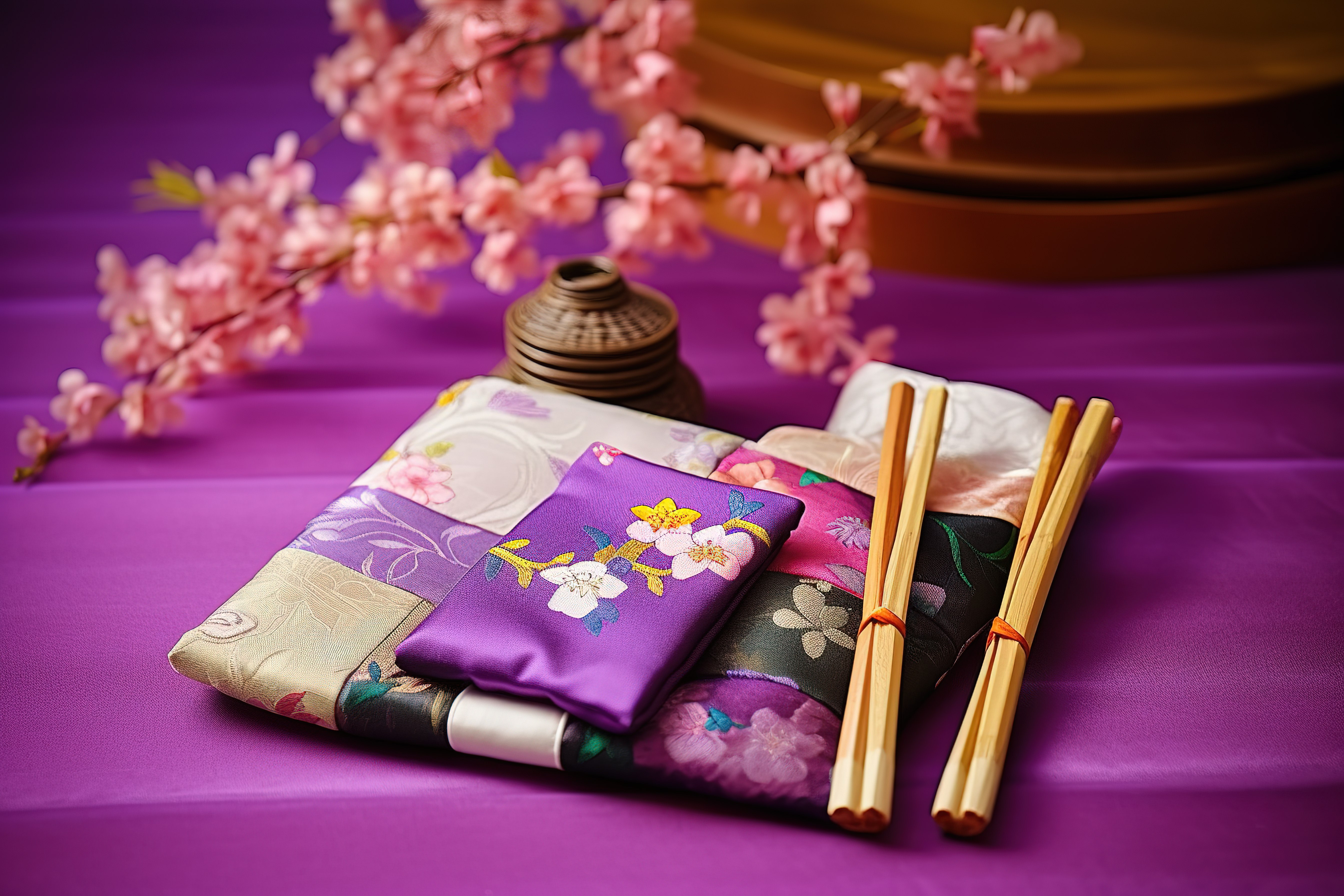 一双筷子和一个紫色的篮子，上面有花图片