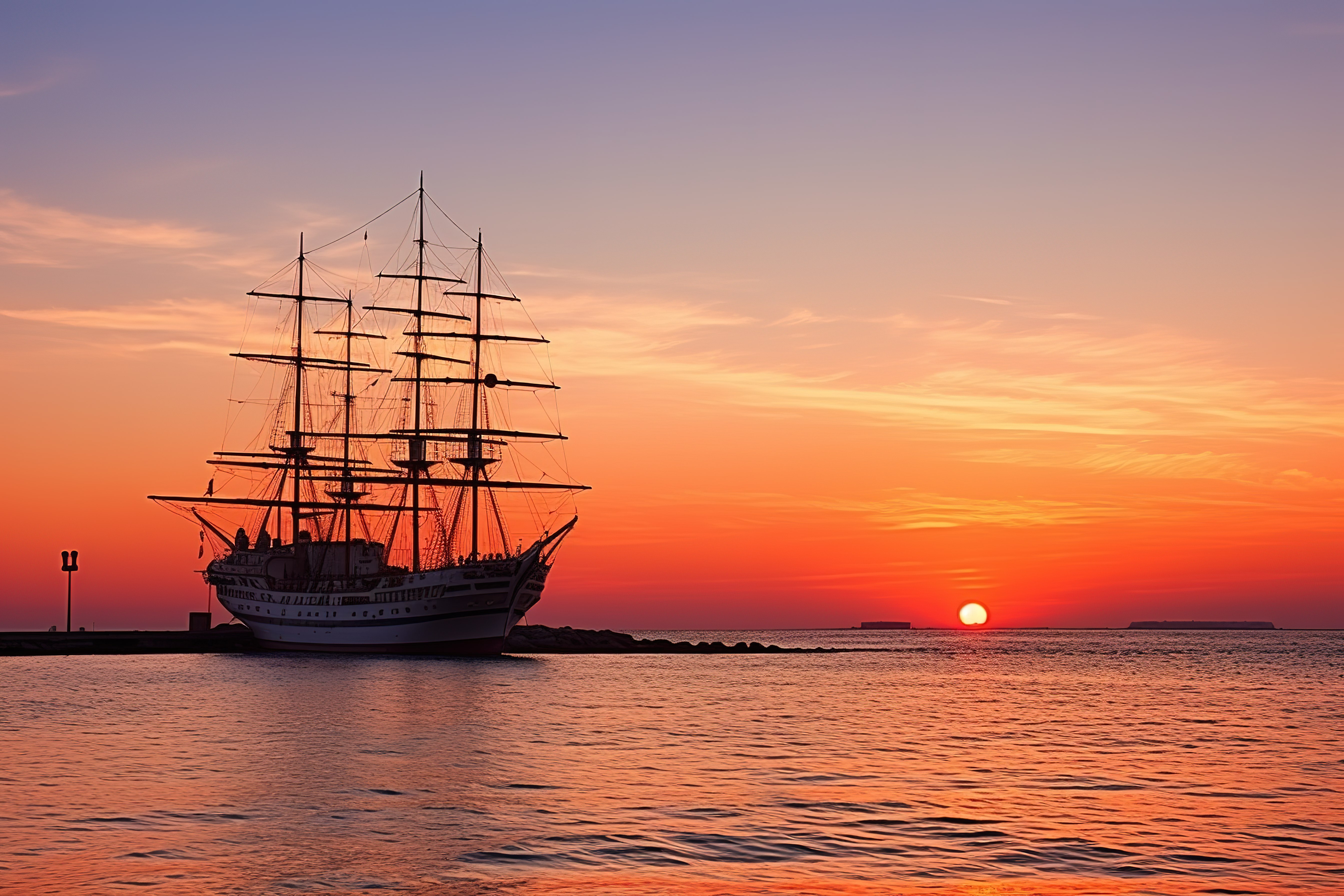日落时一艘高船在水面上图片
