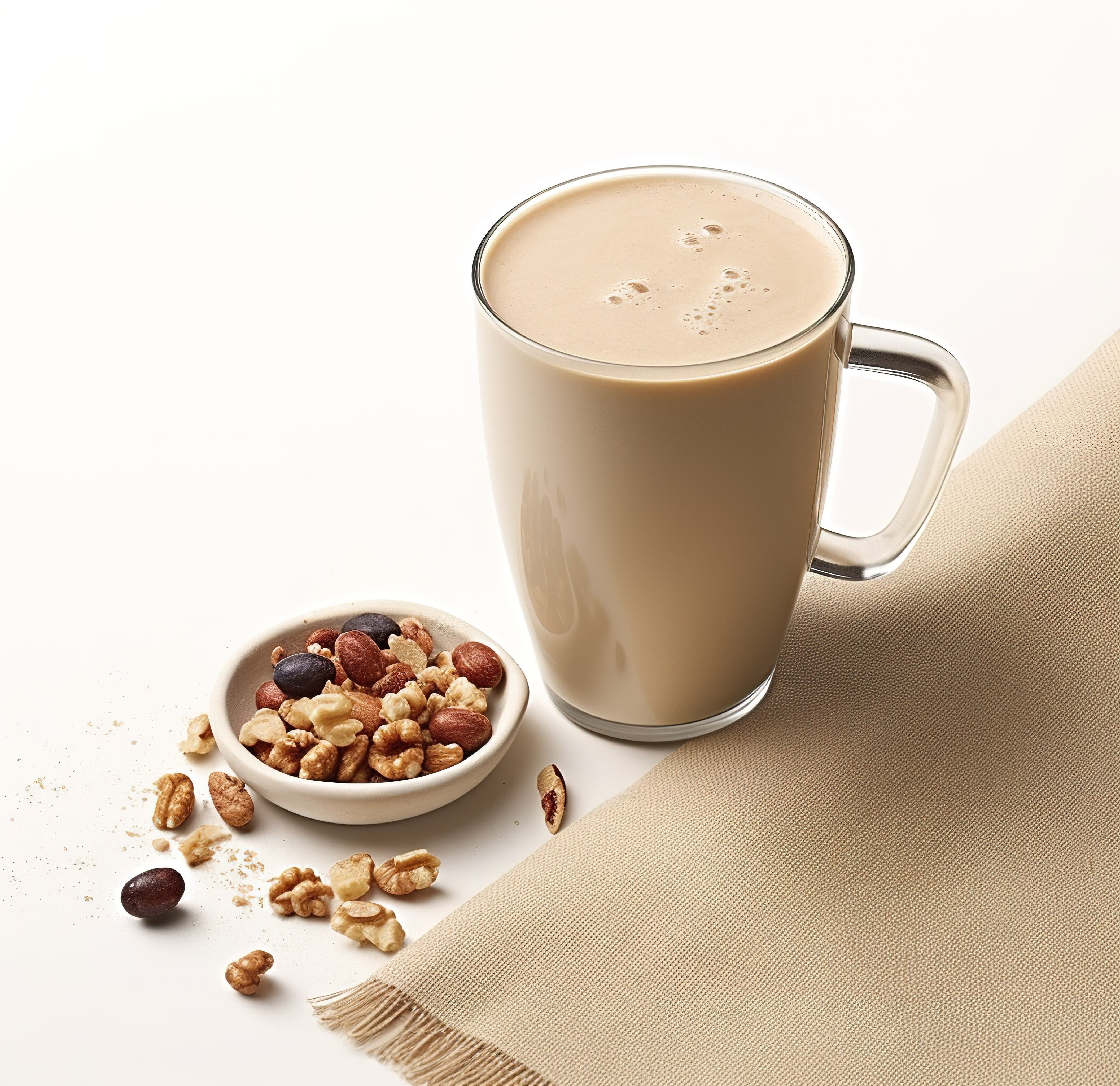 一个咖啡杯，里面有食物坚果糊状山核桃核桃花生和豆奶图片