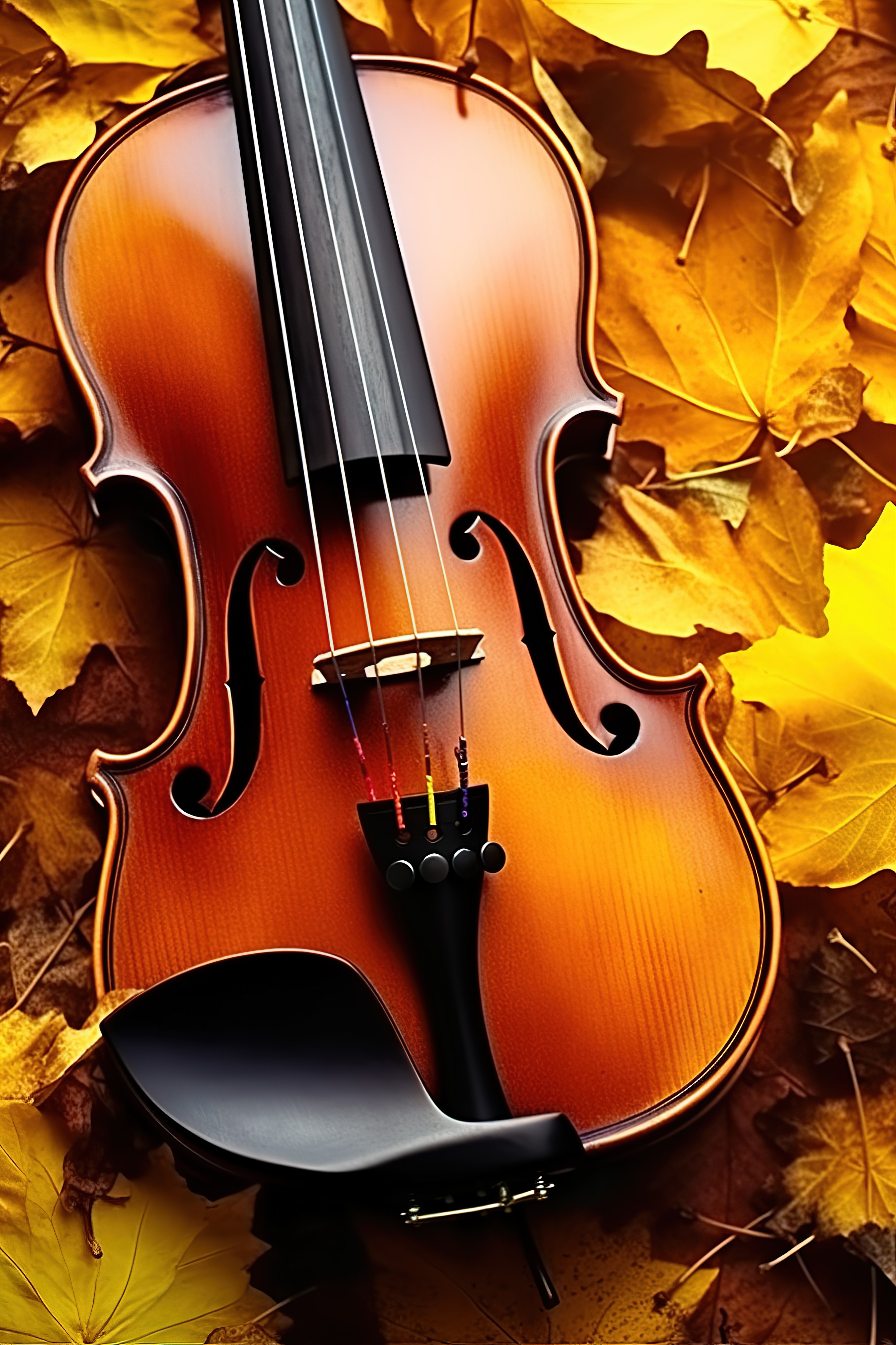 秋天的树叶中的小提琴图片