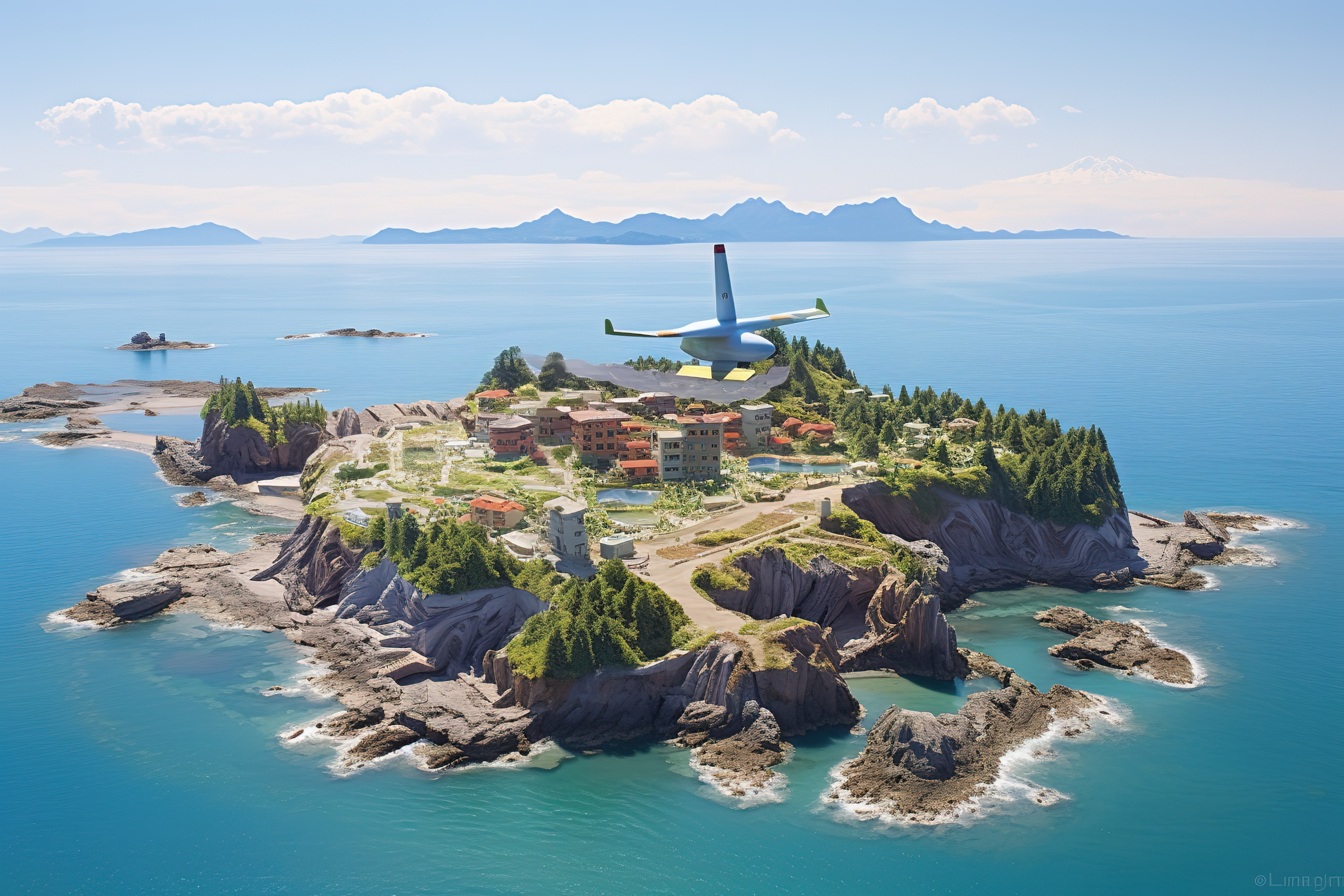 一架飞机飞越清澈的水面上的城镇和岛屿图片
