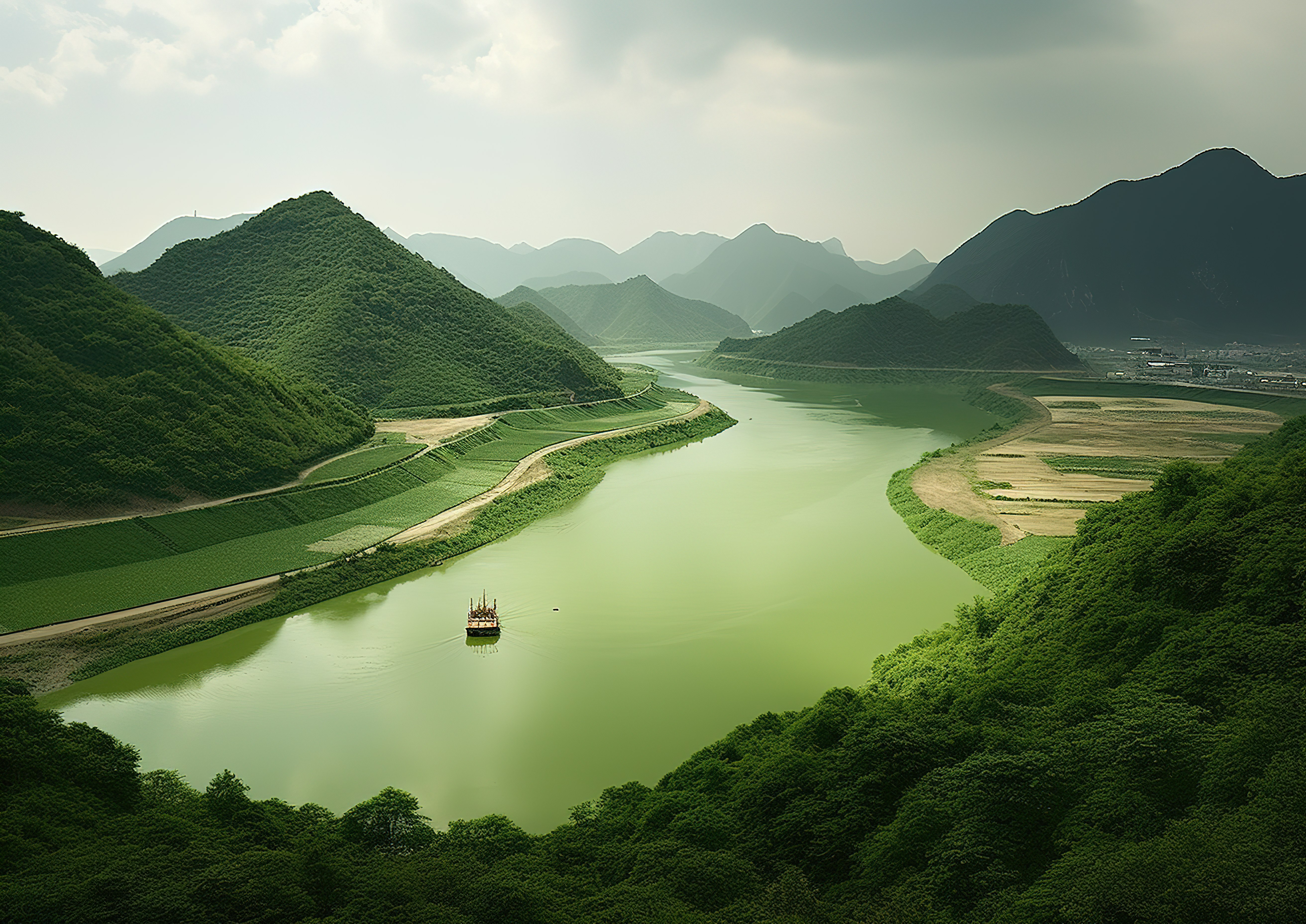 长江中国一侧的山坡上，美丽的水与赛船图片