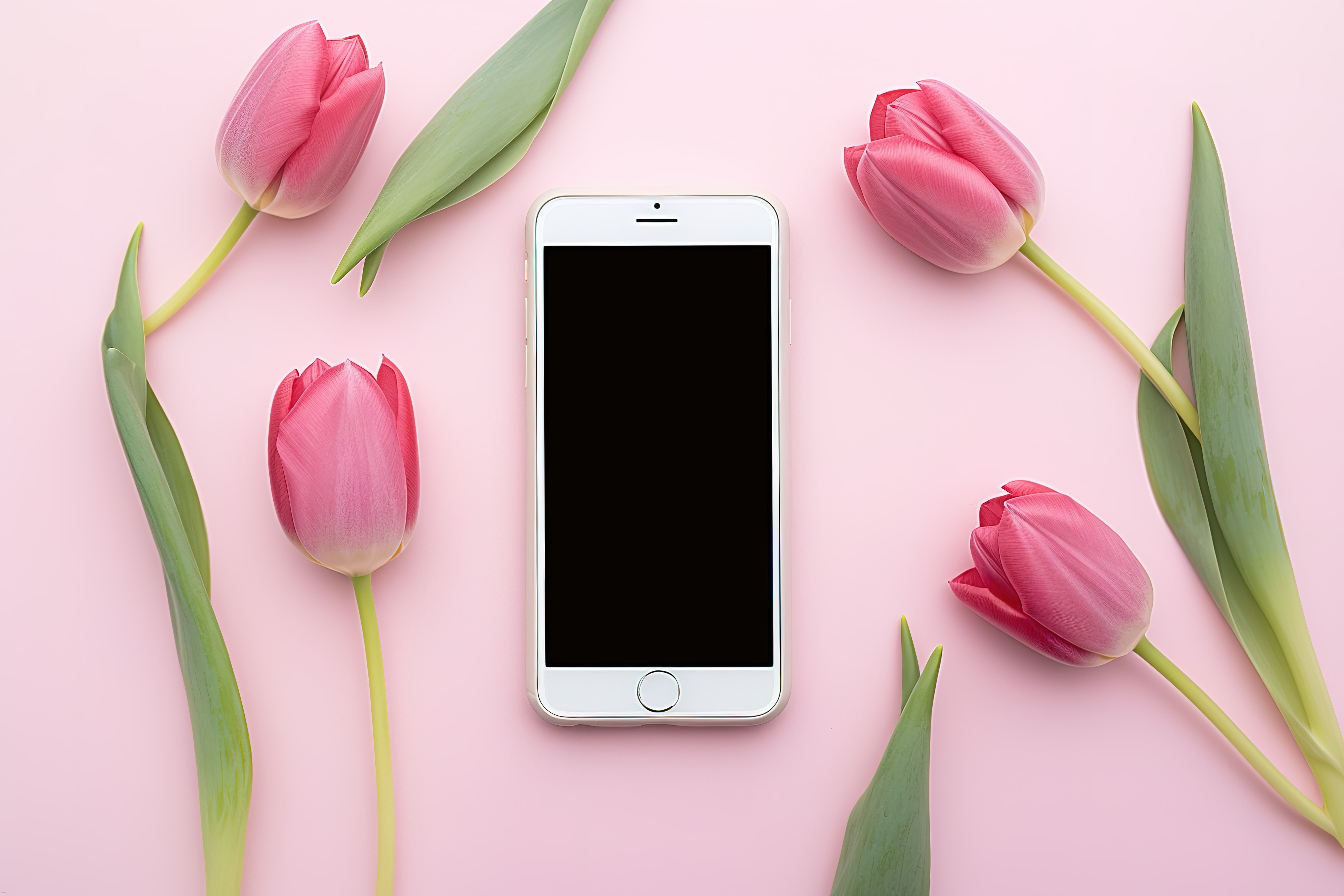 粉色郁金香智能手机放在桌子上，周围是一些花图片