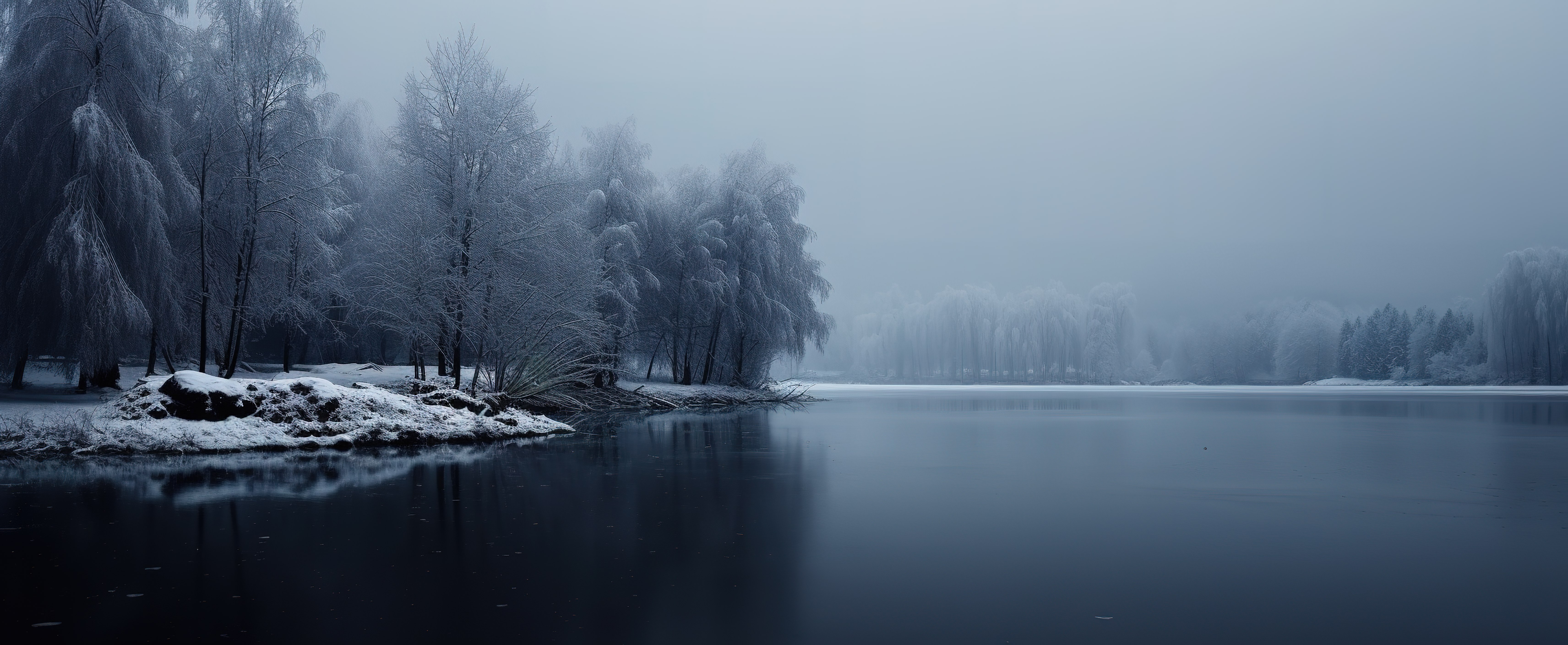 黑暗中雪覆盖了树木和湖泊图片
