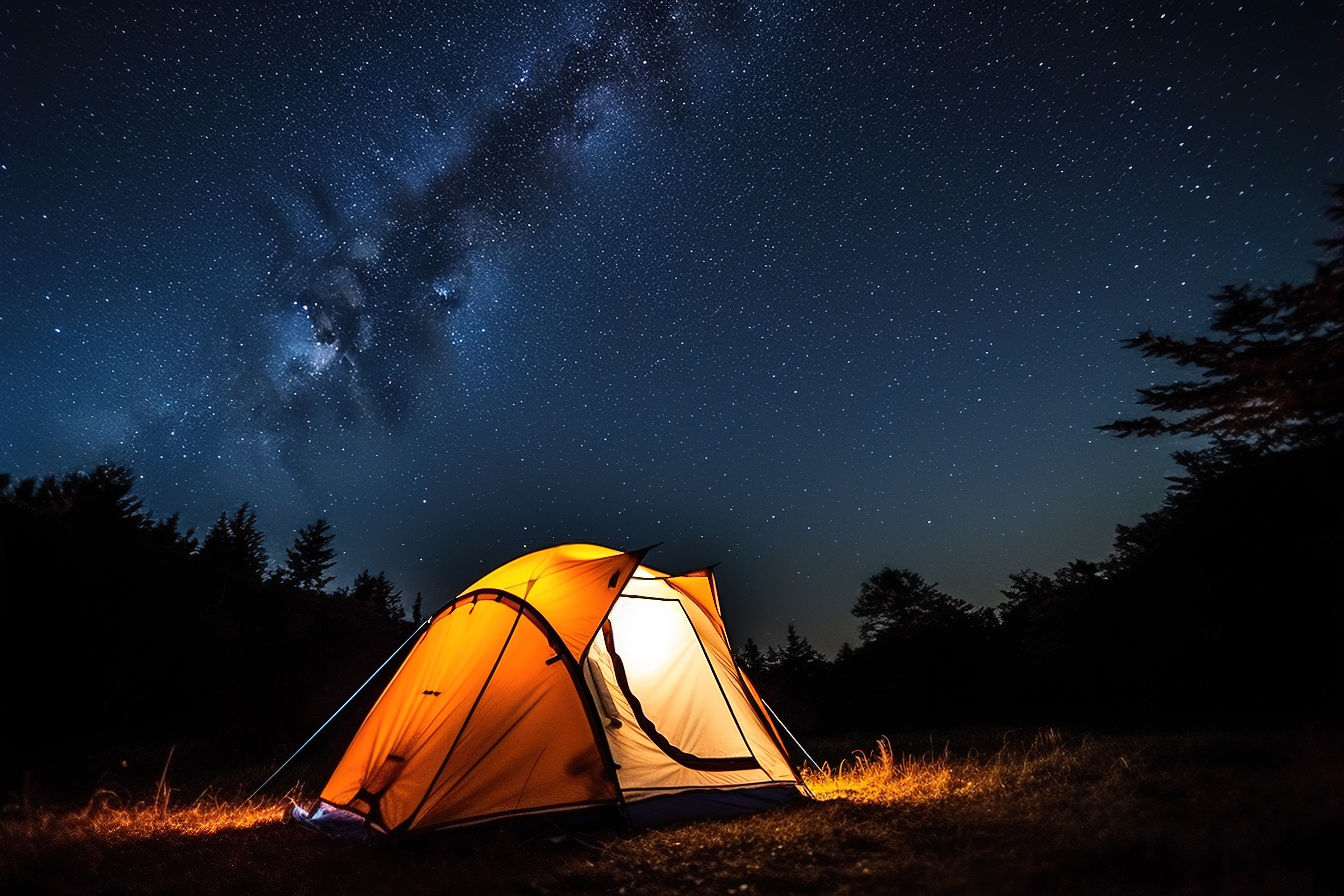 夜晚的露营帐篷，顶部有一颗星星图片