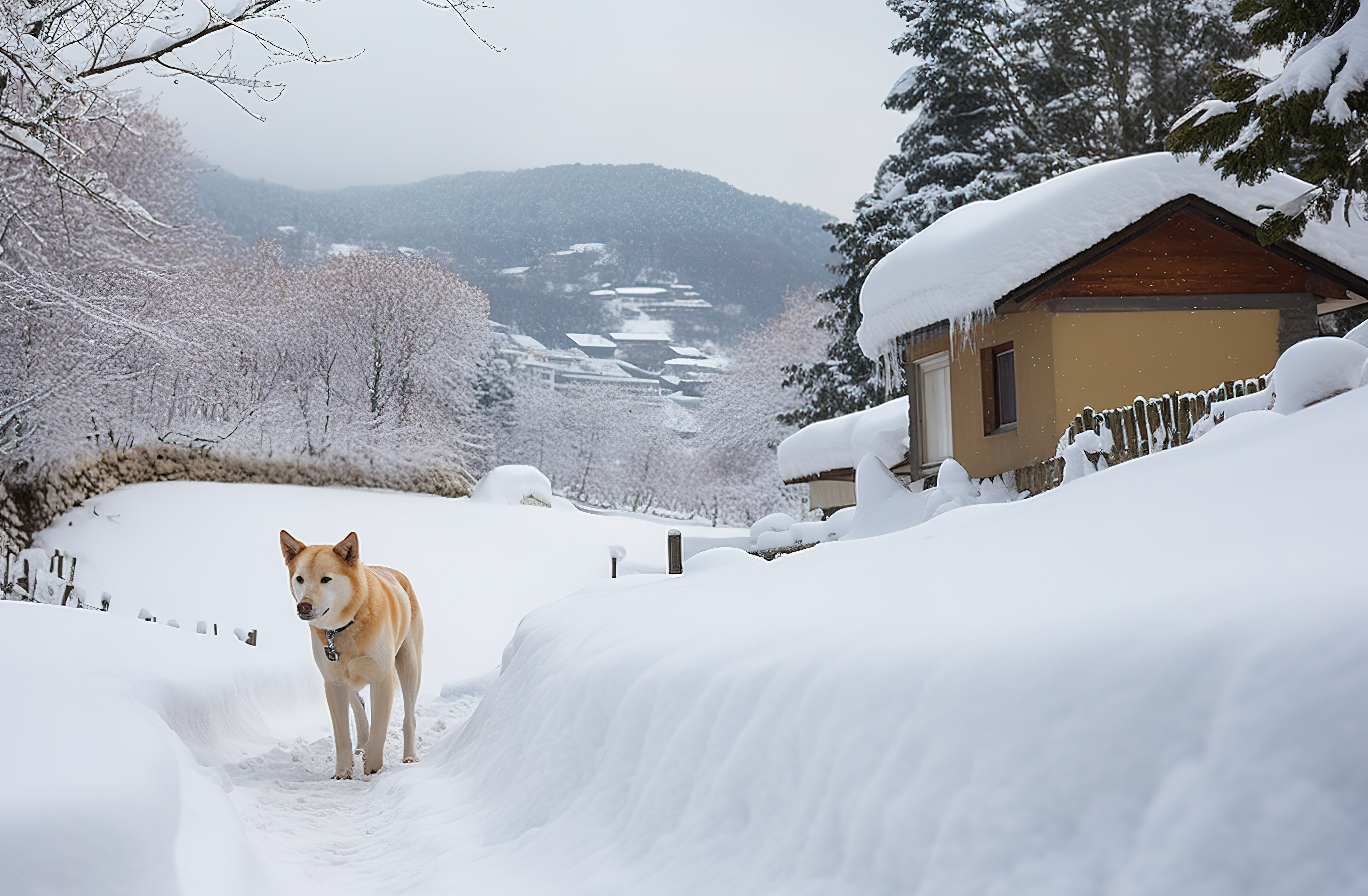 雪狗穿越雪山上的小木屋前图片