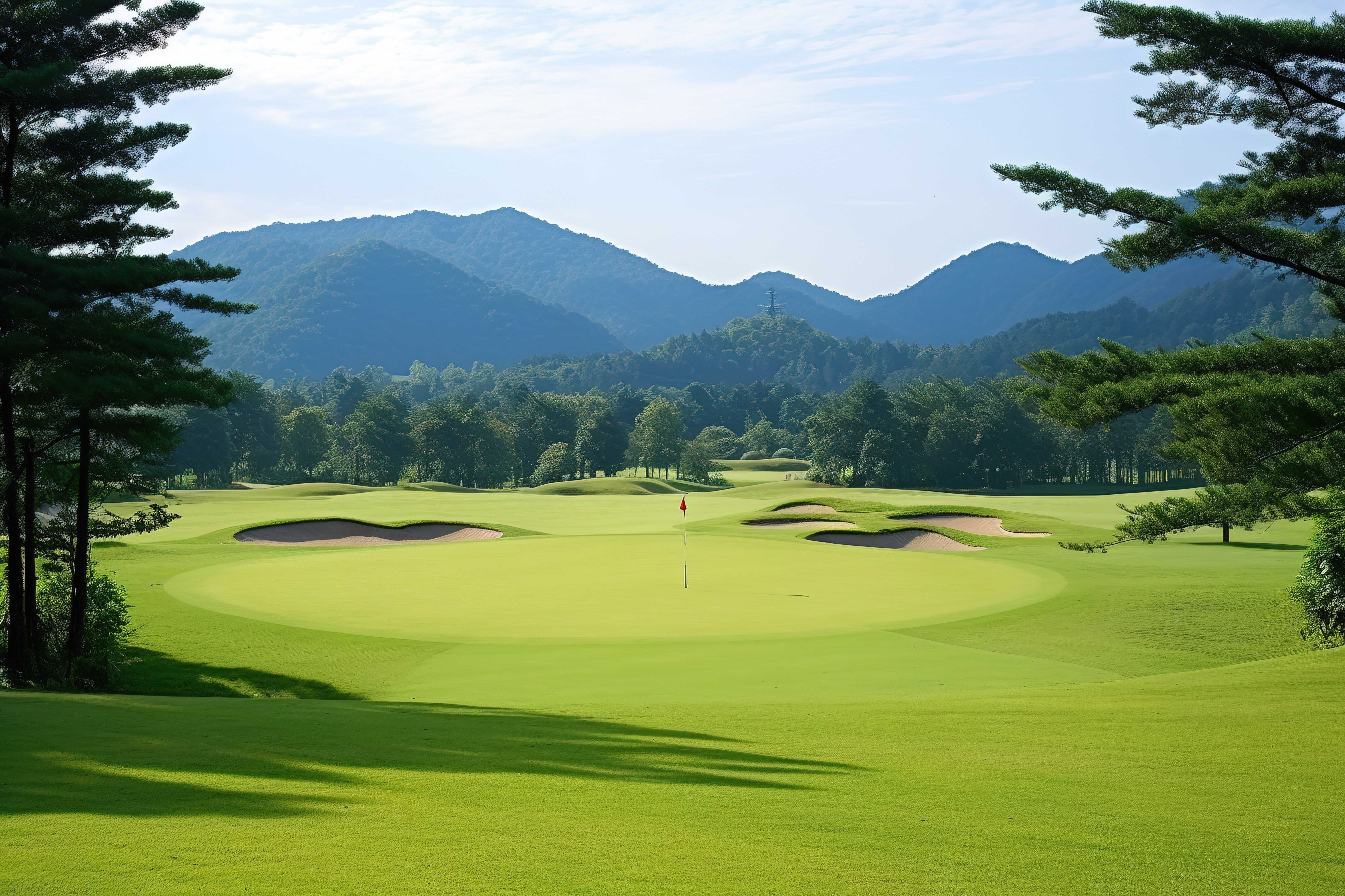 以山脉为背景的绿色高尔夫球场图片