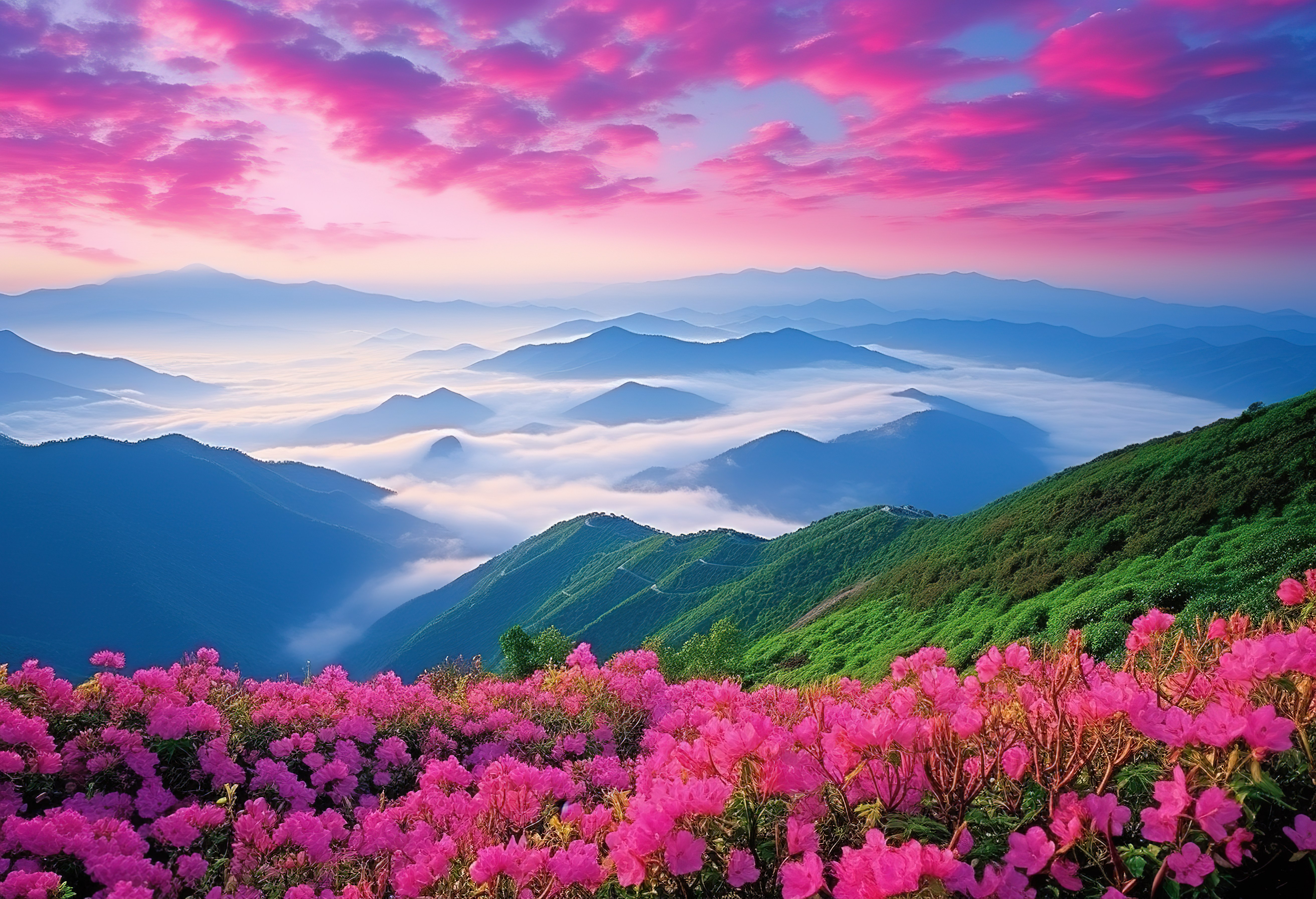 山附近有山丘和云彩的粉红色花朵图片